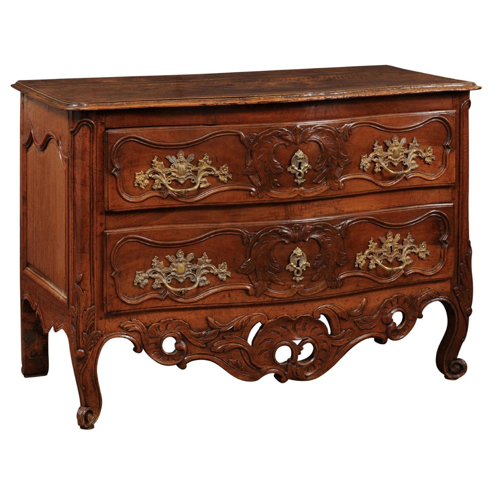 18th Century French Louis XV 2-Drawer Walnut Commode with Pierced Apron