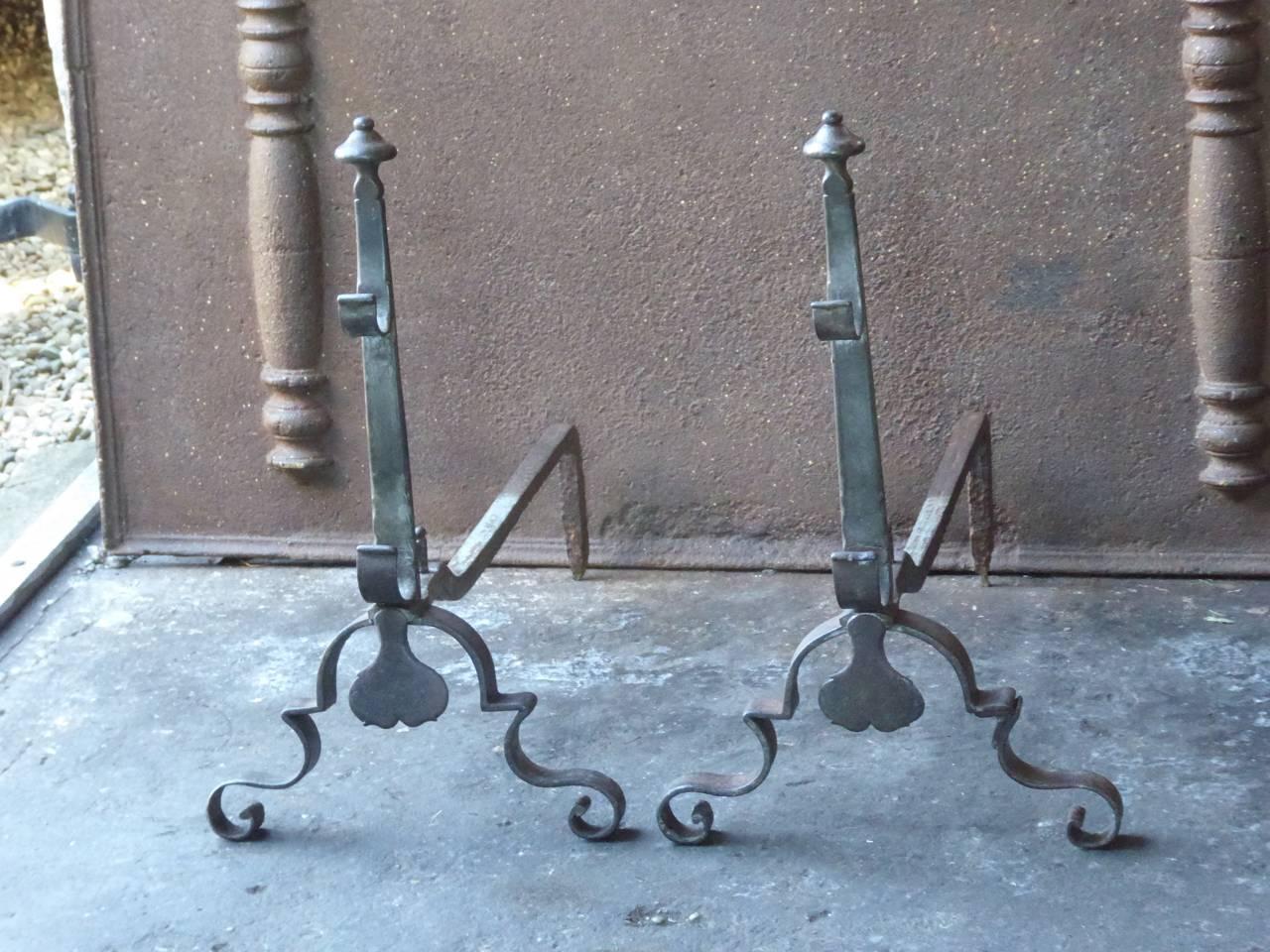 Forged 18th Century French Louis XV Andirons or Firedogs For Sale