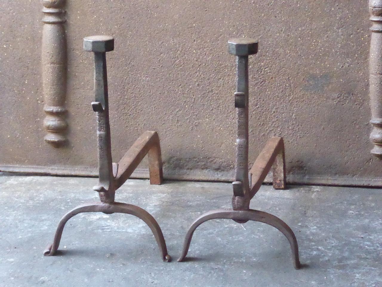 Forged 18th Century French Louis XV Andirons or Firedogs