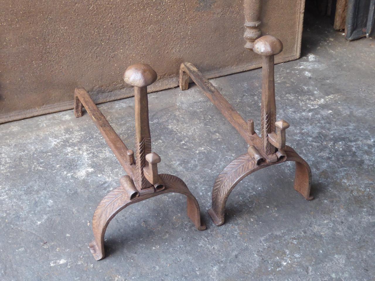 Forged 18th Century French Louis XV Andirons or Firedogs For Sale