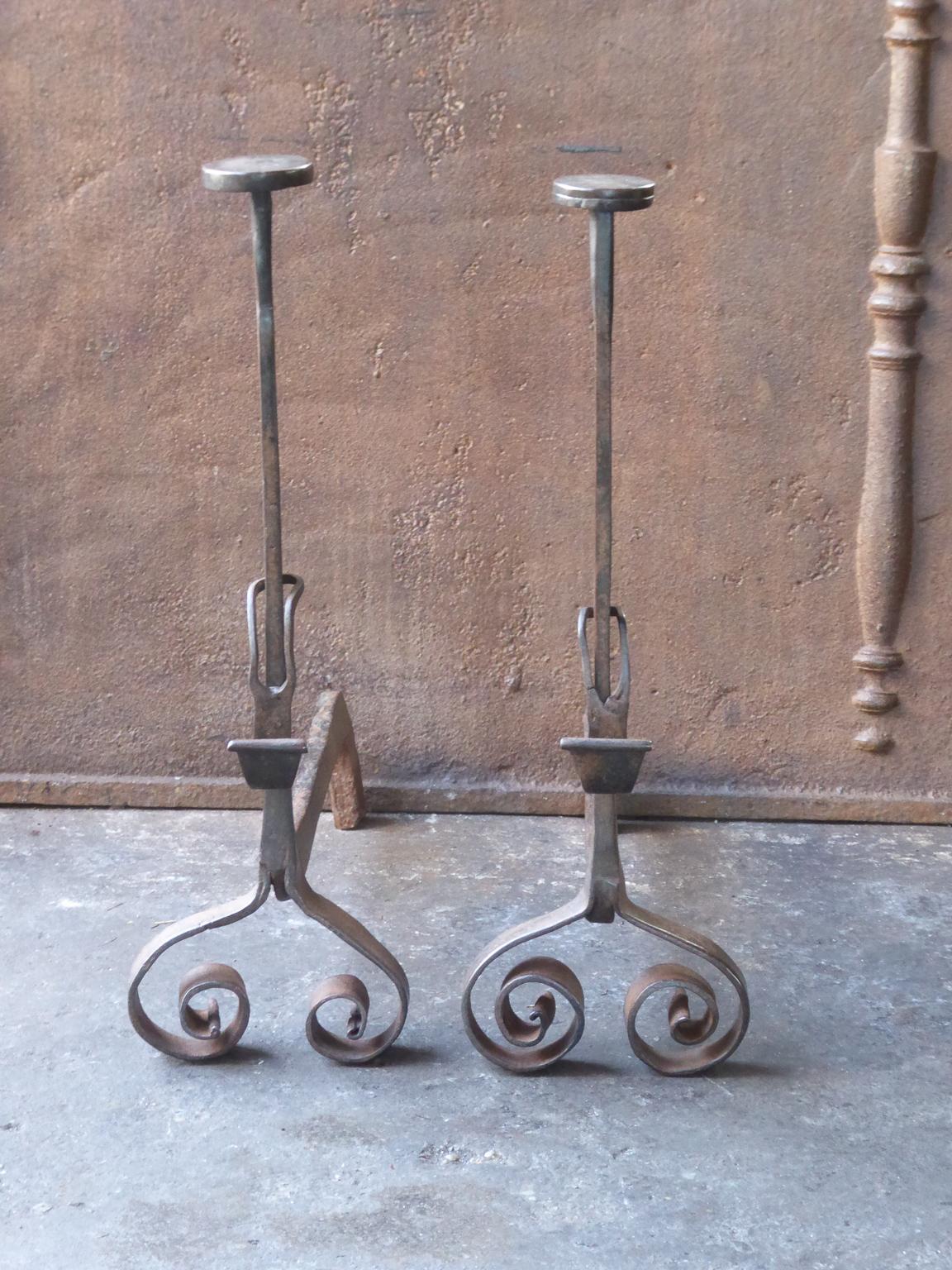 Forged 18th Century French Louis XV Andirons or Firedogs