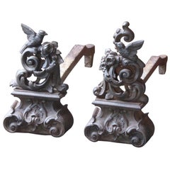 Antique 18th Century French Louis XV Andirons or Firedogs