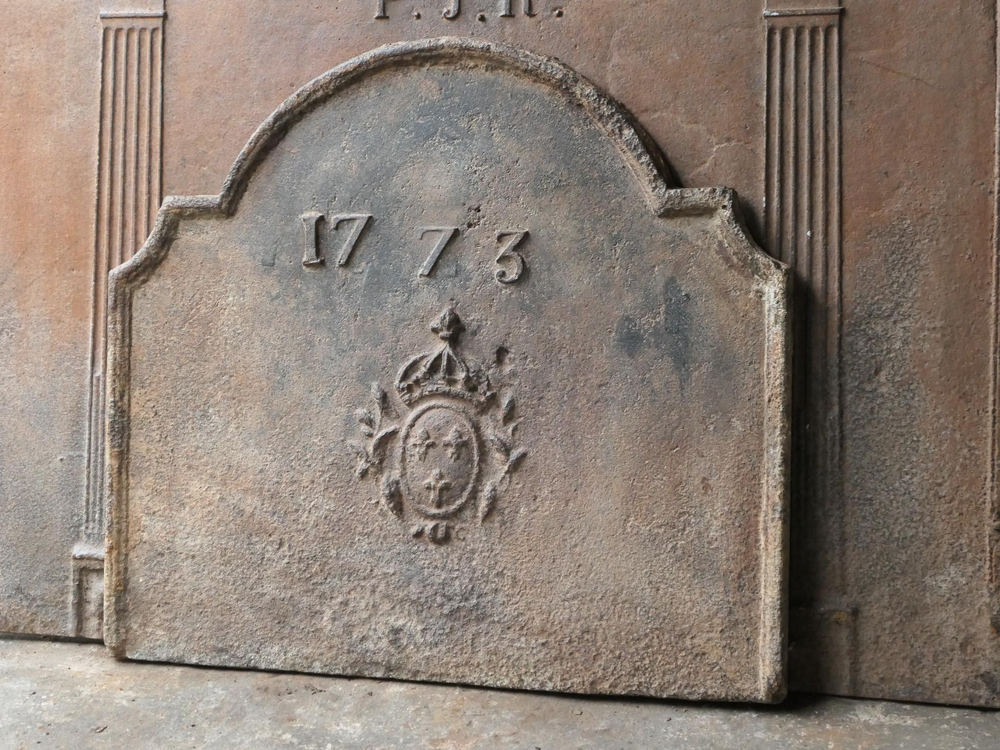 Iron 18th Century French Louis XV 'Arms of France' Fireback / Backsplash, Dated 1773 For Sale