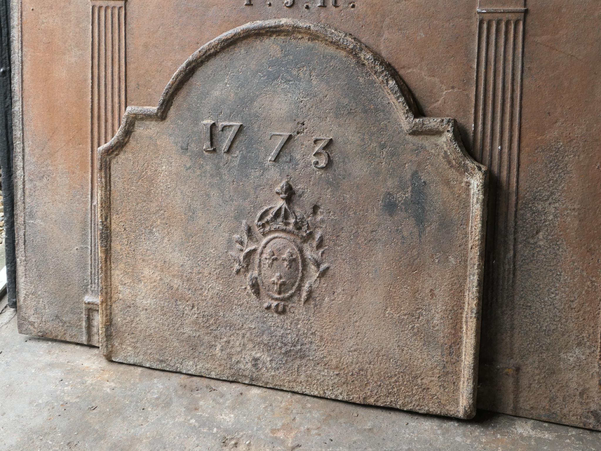 18th Century French Louis XV 'Arms of France' Fireback / Backsplash, Dated 1773 For Sale 1