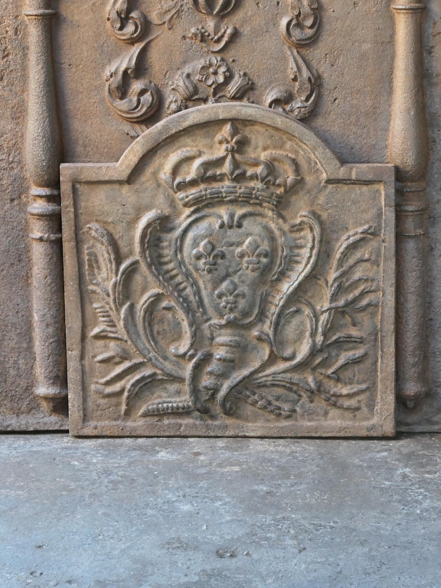 Bellissimo parafuoco francese Luigi XV del XVIII secolo con le armi della Francia. Questo è lo stemma della Casa di Borbone, una casa reale originaria della Francia che divenne una dinastia importante in Europa. Ha dato vita a re per la Spagna
