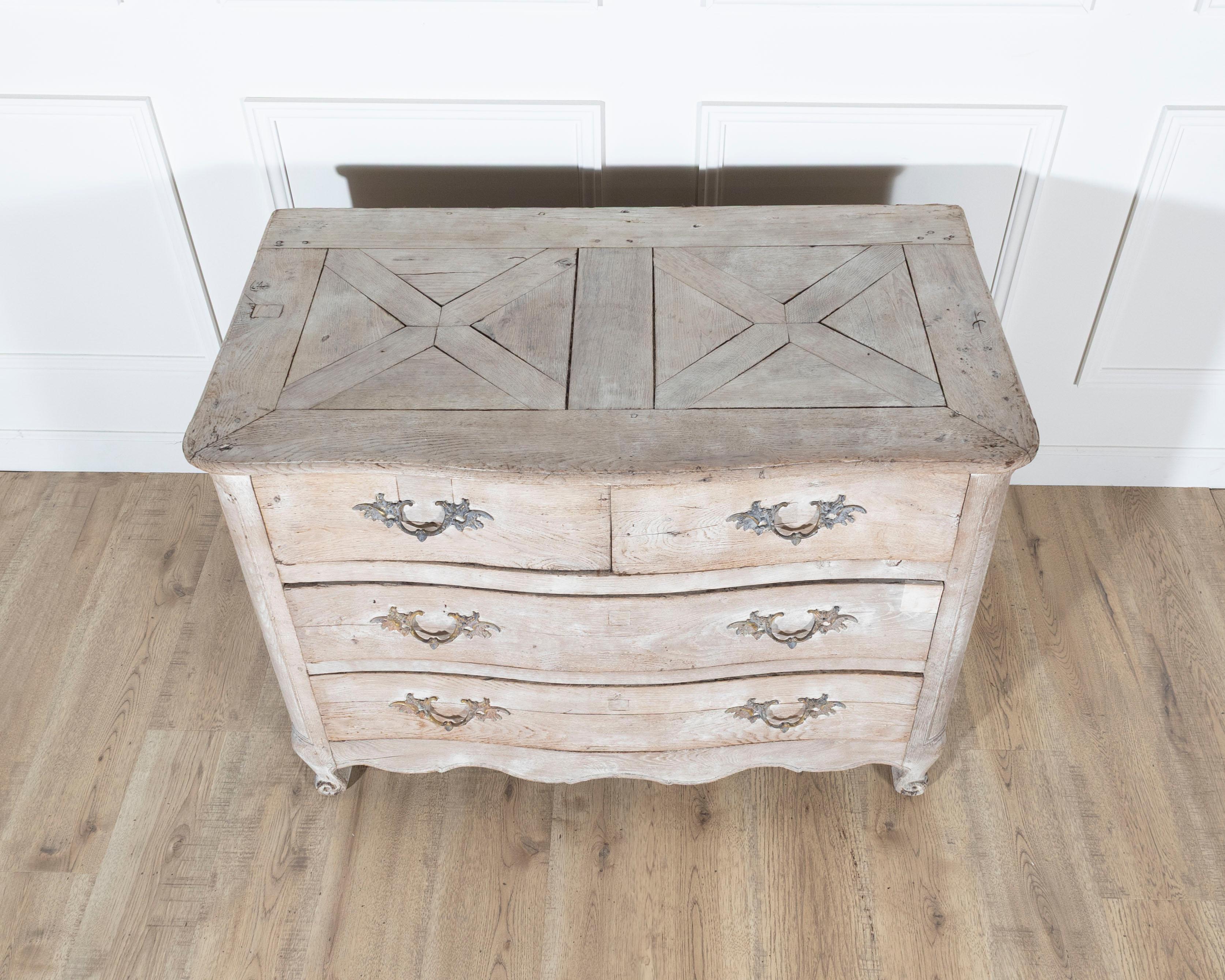18th Century and Earlier 18th Century French Louis XV Bleached Oak Curved Commode with Parquet Top For Sale