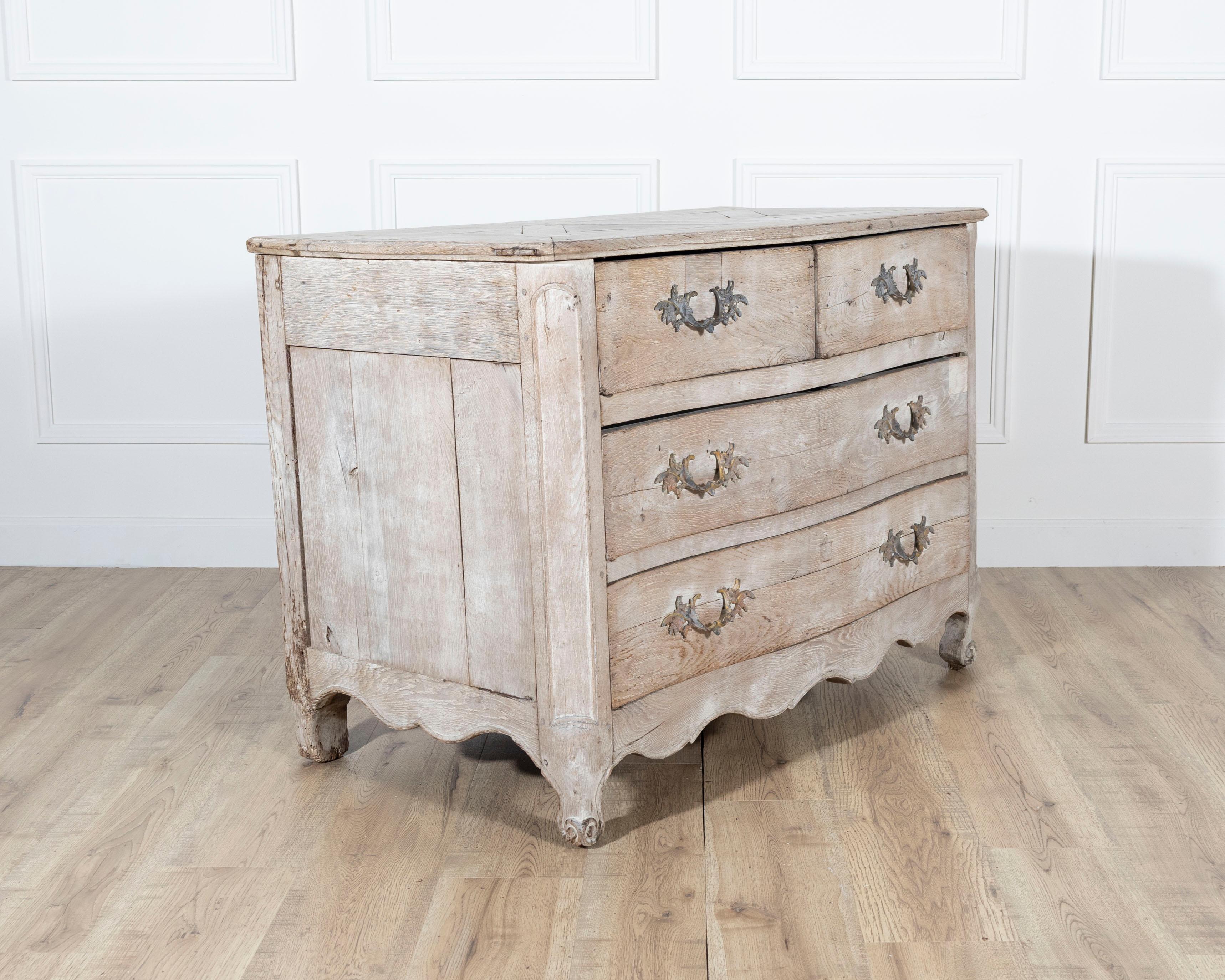 18th Century French Louis XV Bleached Oak Curved Commode with Parquet Top For Sale 1