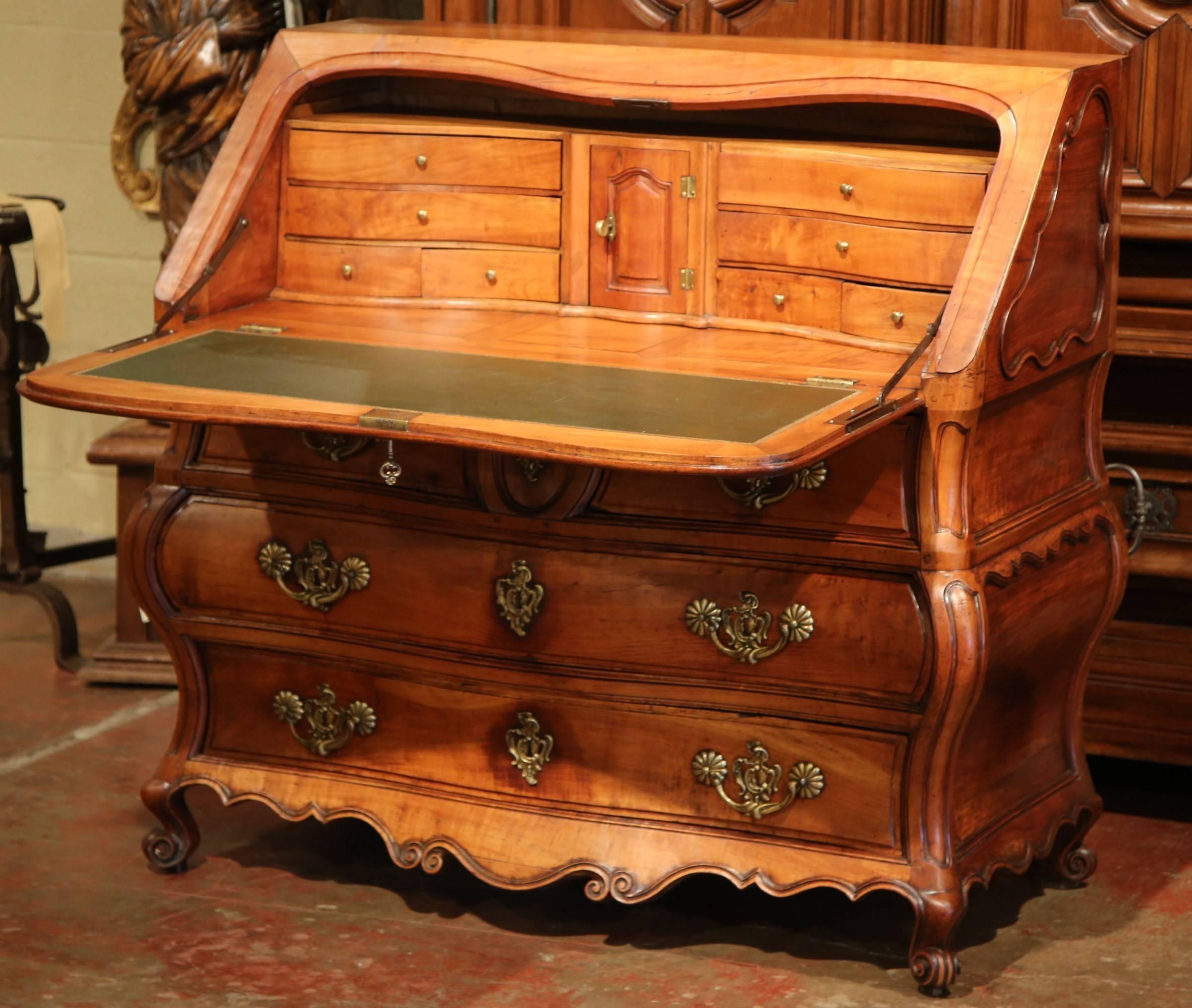 Hand-Carved 18th Century French Louis XV Bombe Cherry Desk Secretary Scriban from Bordeaux