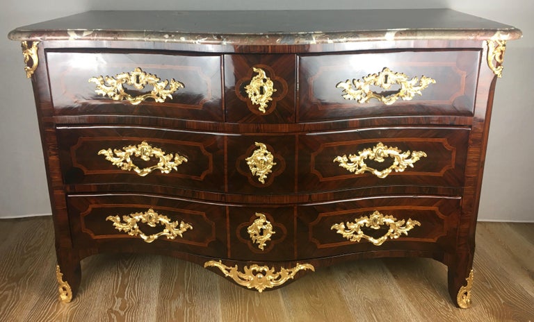 Hand-Crafted 18th Century French Louis XV Bombe Ormolu Marble-Top Commode, Stamped Przirembel For Sale