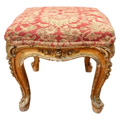 18th Century French Louis XV Carved and Golded Wood Footstool and Upholstered
