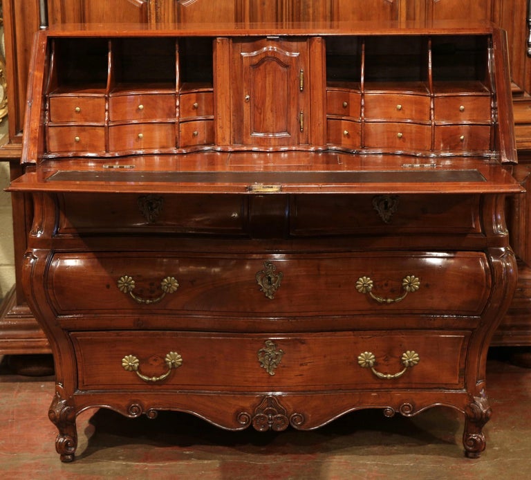 18th Century French Louis Xv Carved Bombe Cherry Desk Secretary