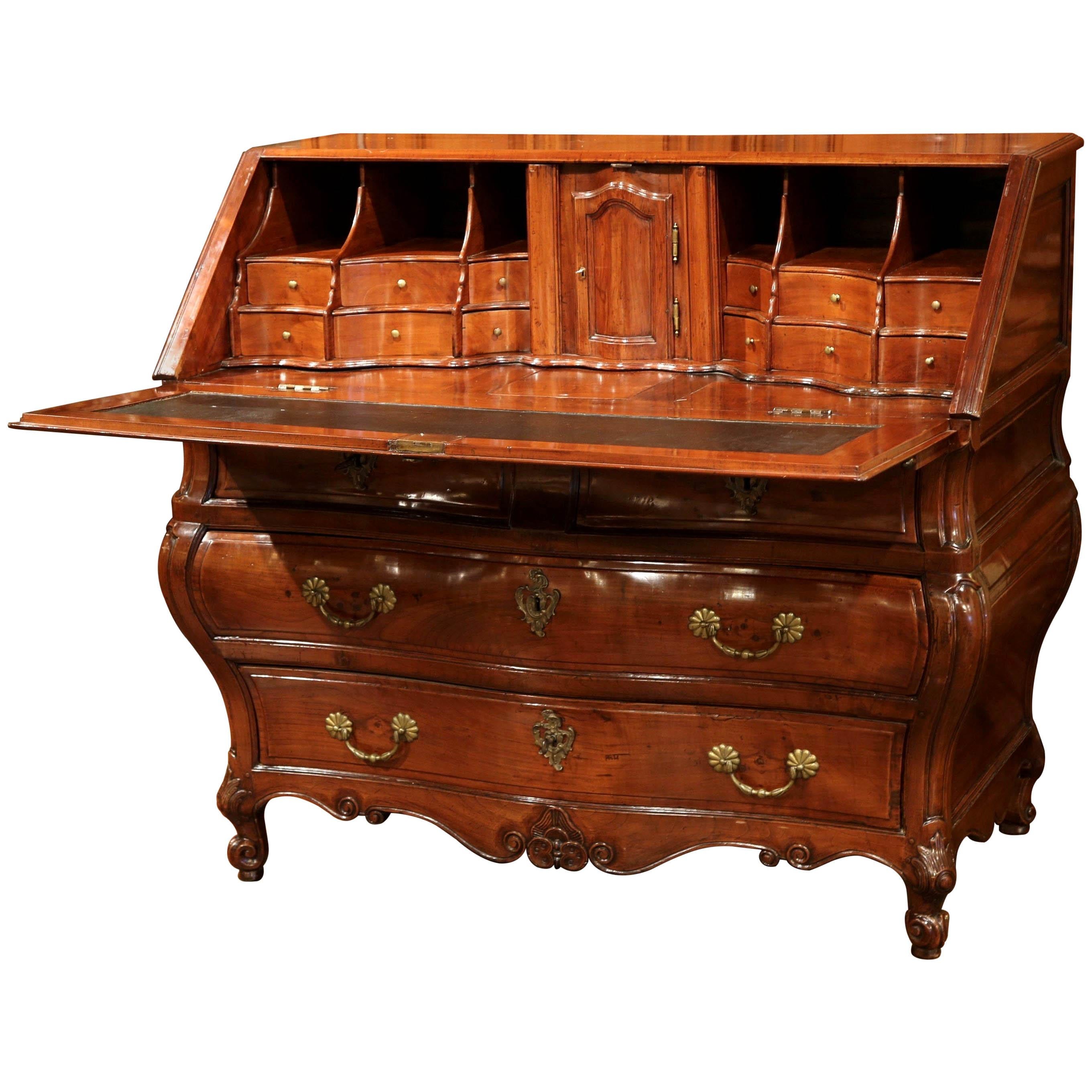 18th Century French Louis XV Carved Bombe Cherry Desk Secretary from Bordeaux
