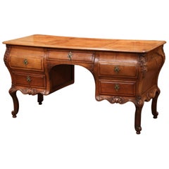 18th Century French Louis XV Carved Bombe Cherry Desk with Five Drawers 