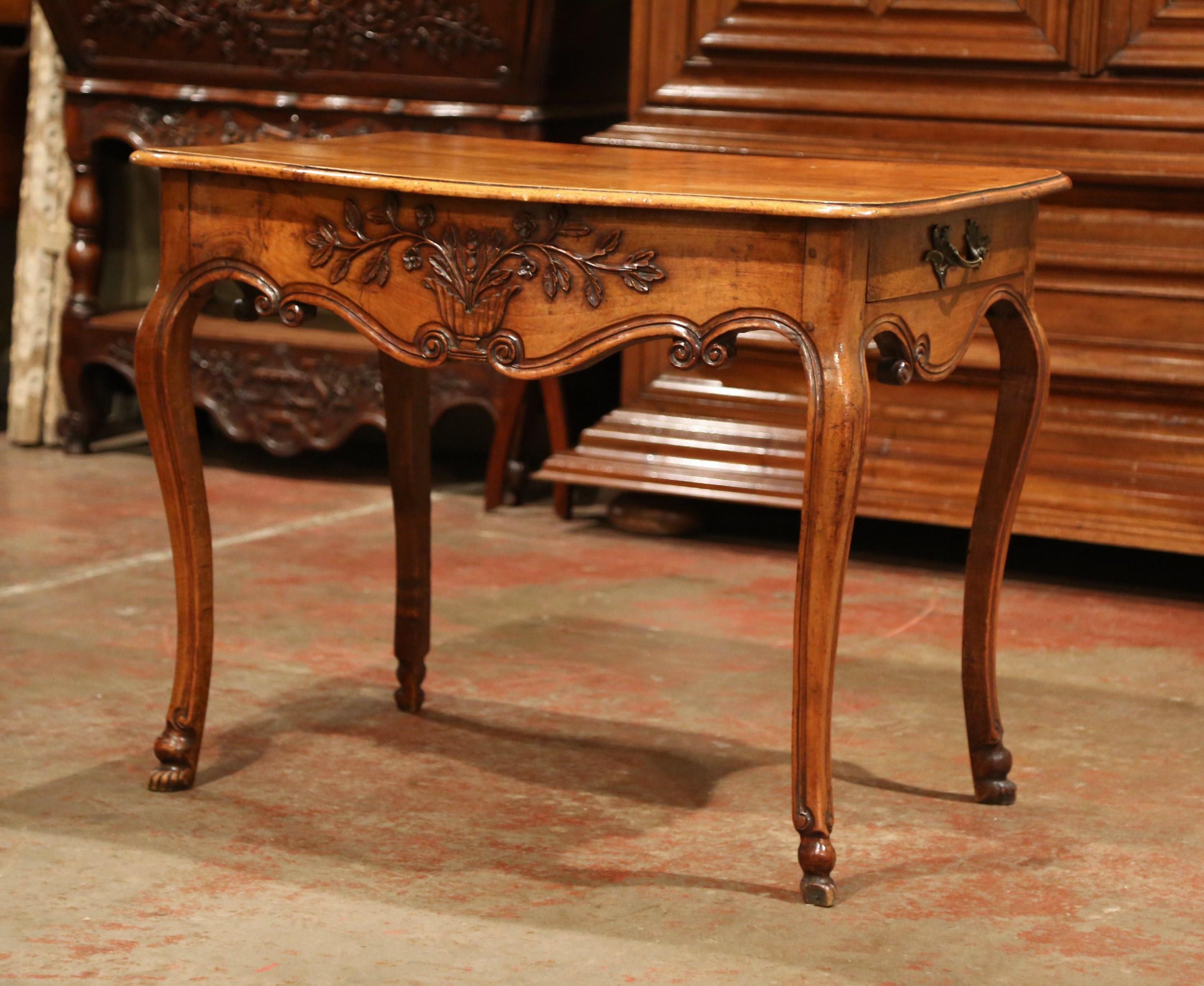 Hand-Carved 18th Century French Louis XV Carved Bombe Walnut Console Table from Provence