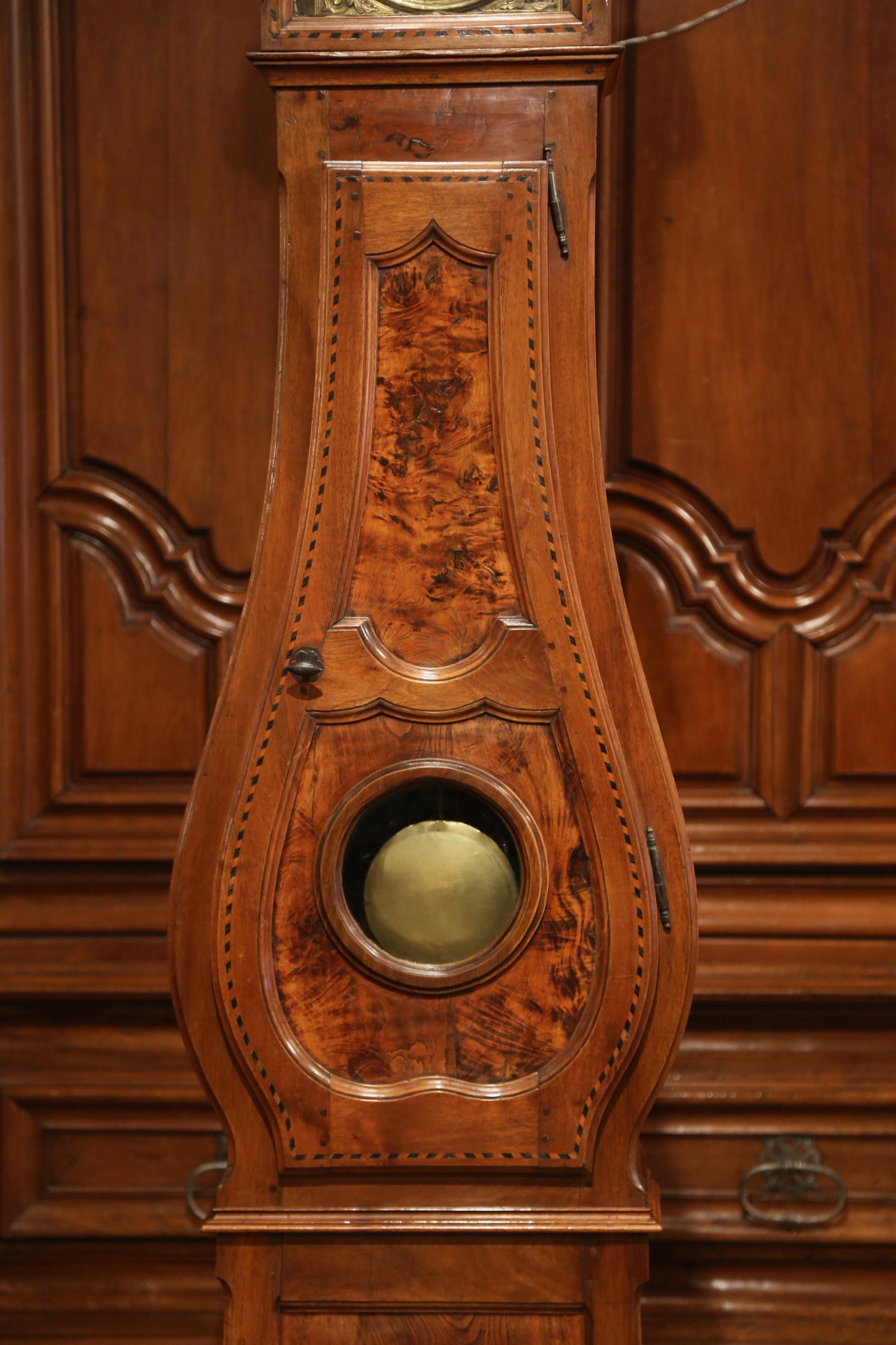 18th Century French Louis XV Carved Burl Walnut and Marquetry Tall Case Clock In Excellent Condition In Dallas, TX