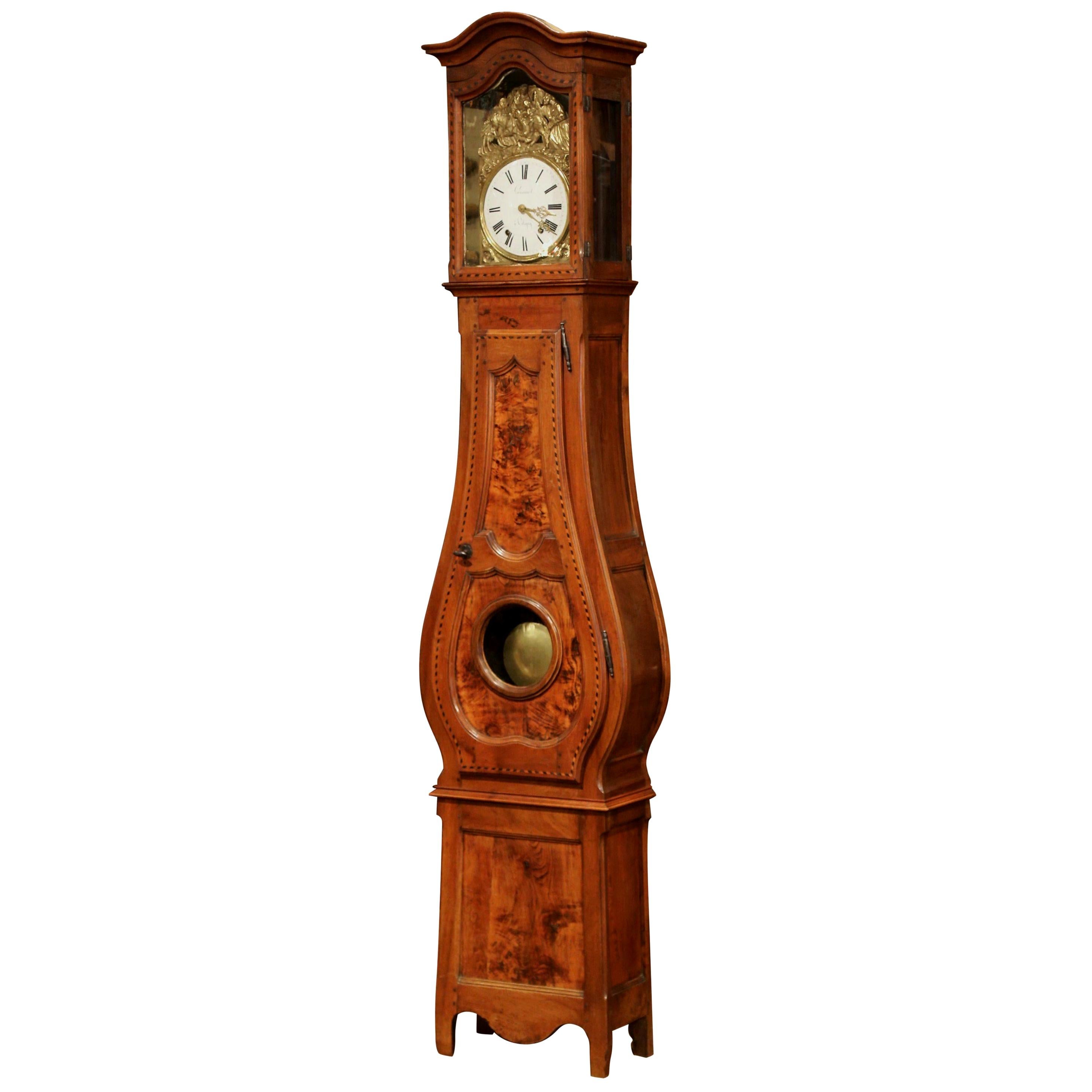 18th Century French Louis XV Carved Burl Walnut and Marquetry Tall Case Clock