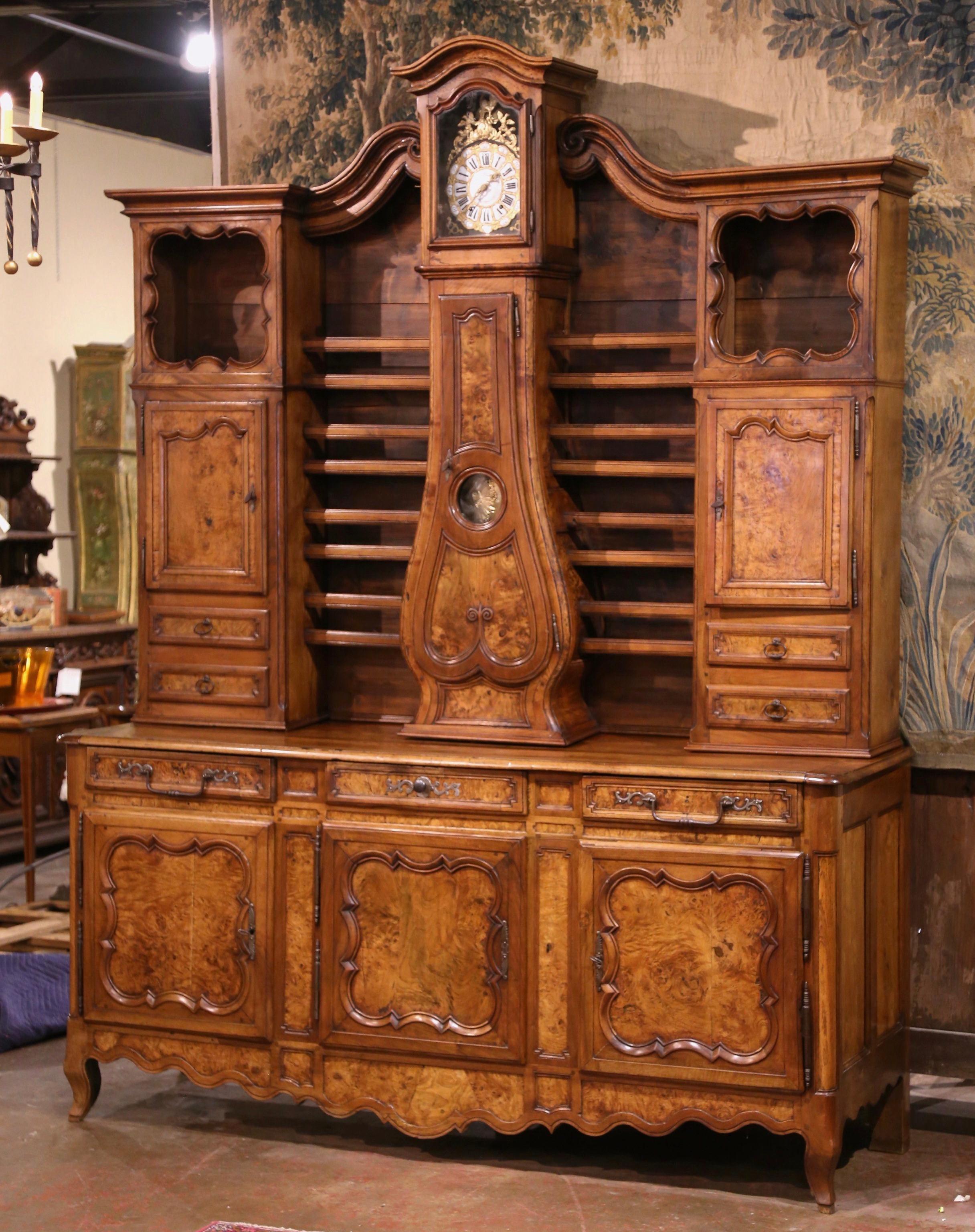 18th Century French Louis XV Carved Burl Walnut Clock Vaisselier from Lyon 1
