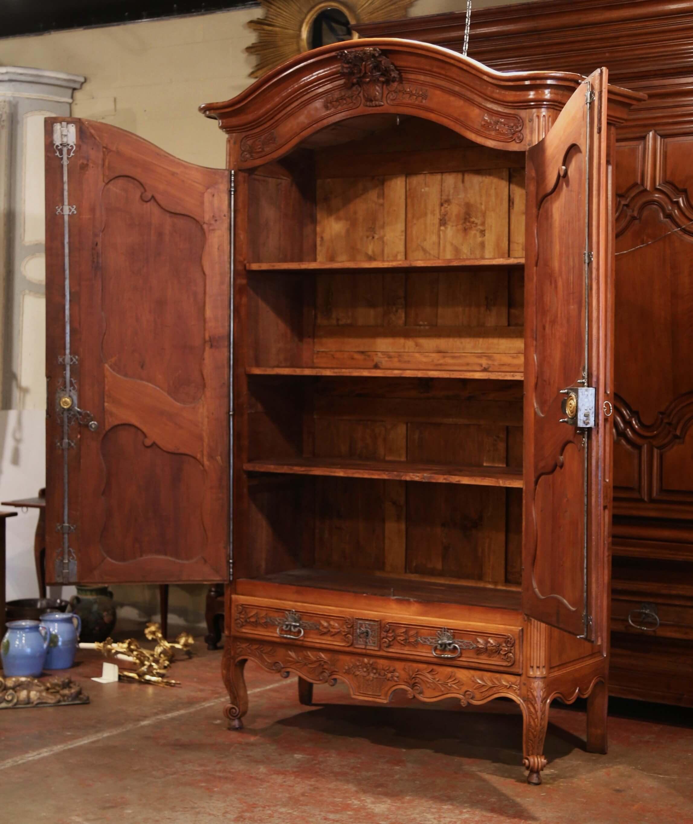 18th Century French Louis XV Carved Cherry Two-Door Armoire from Poitou Region In Excellent Condition In Dallas, TX