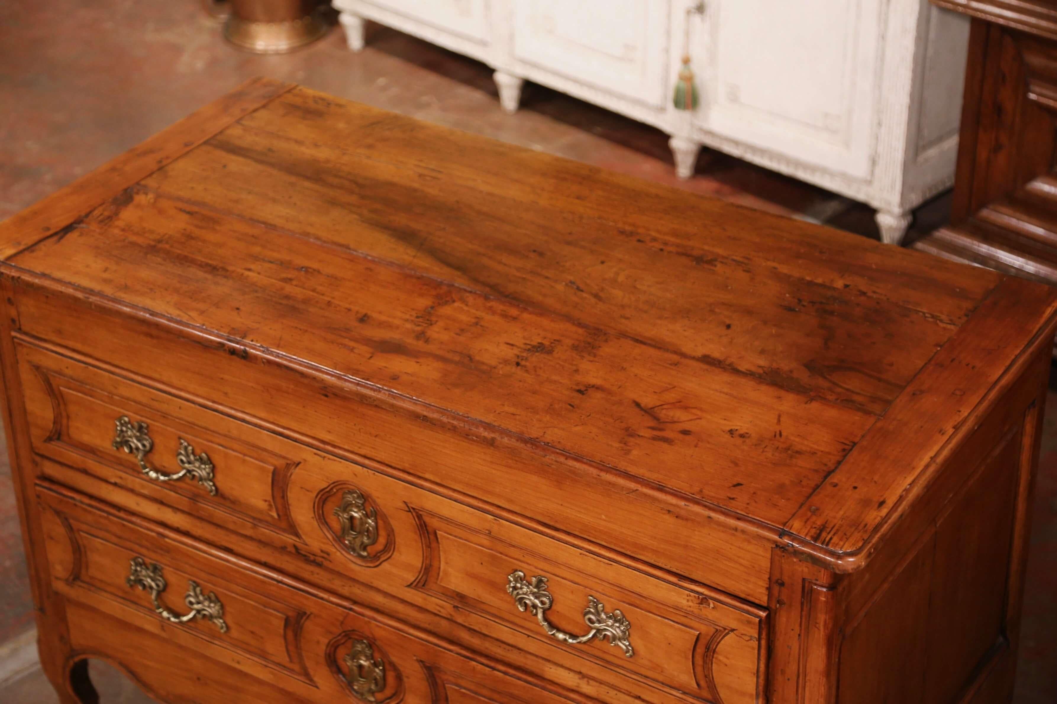 Hand-Carved 18th Century French Louis XV Carved Cherry Two-Drawer Commode from Burgundy For Sale