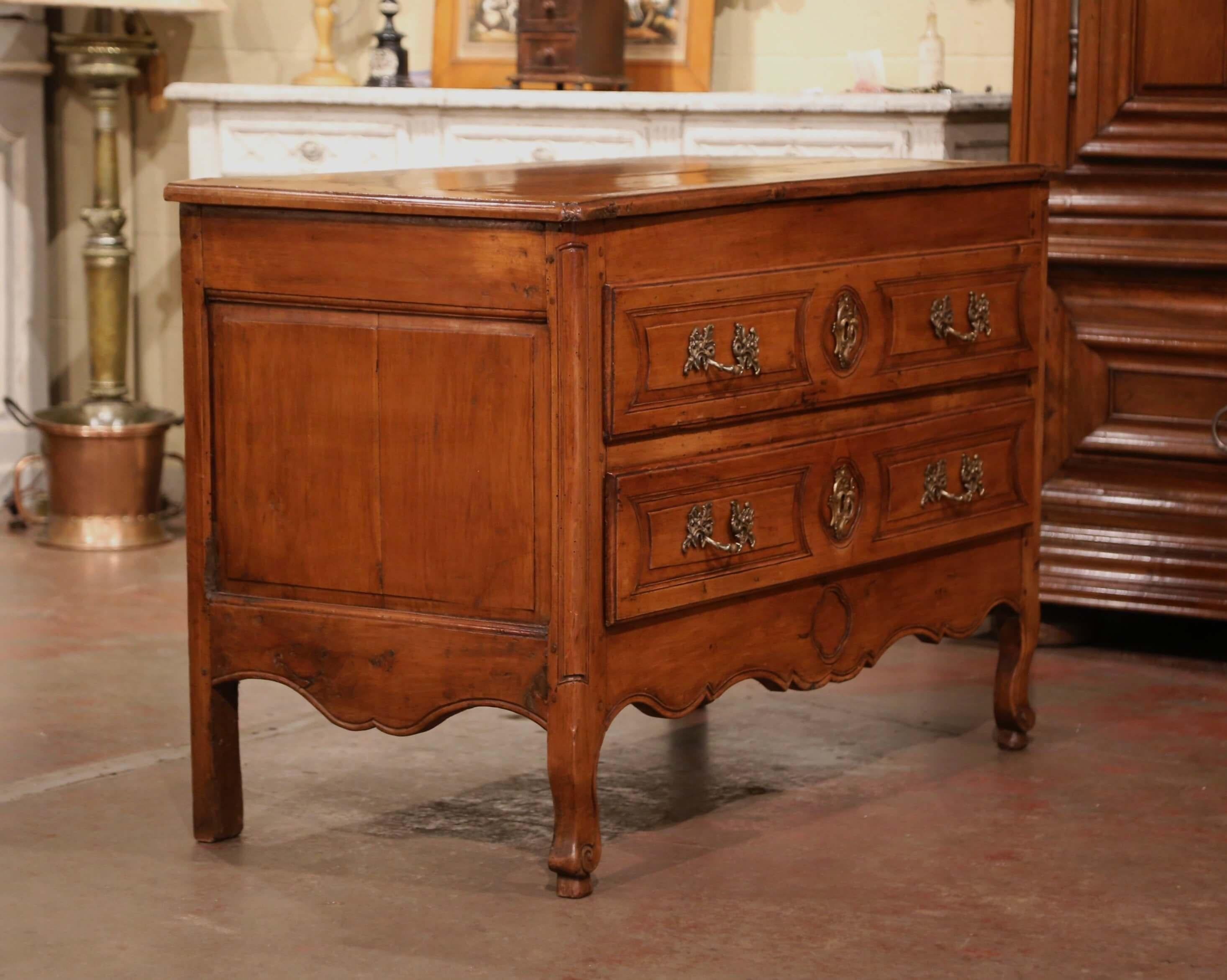 Bronze 18th Century French Louis XV Carved Cherry Two-Drawer Commode from Burgundy For Sale