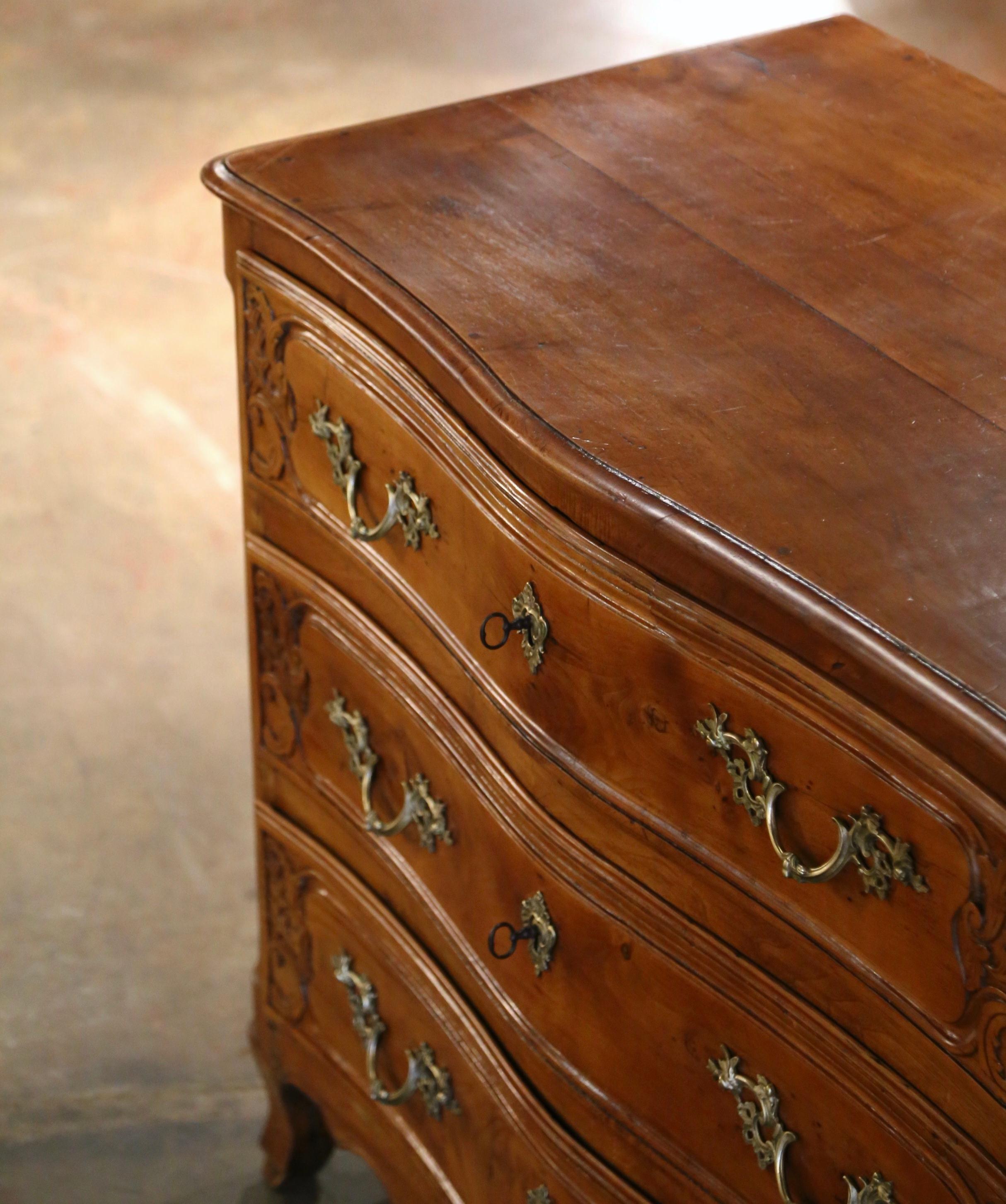 Bronze 18th Century French Louis XV Carved Elm and Chestnut Three-Drawer Commode Chest For Sale