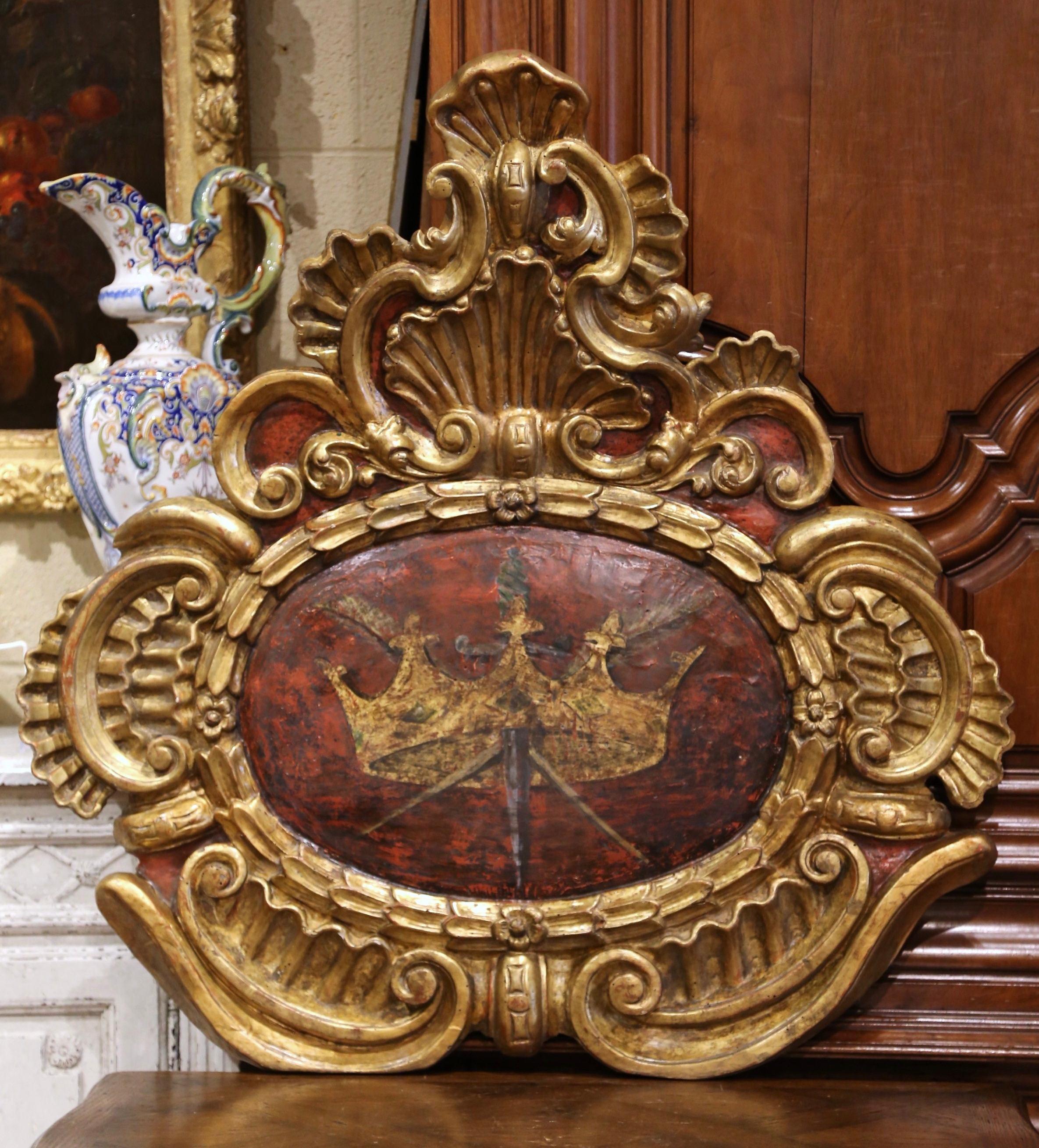 18th Century French Louis XV Carved Giltwood and Painted Wall Crest Plaque 1