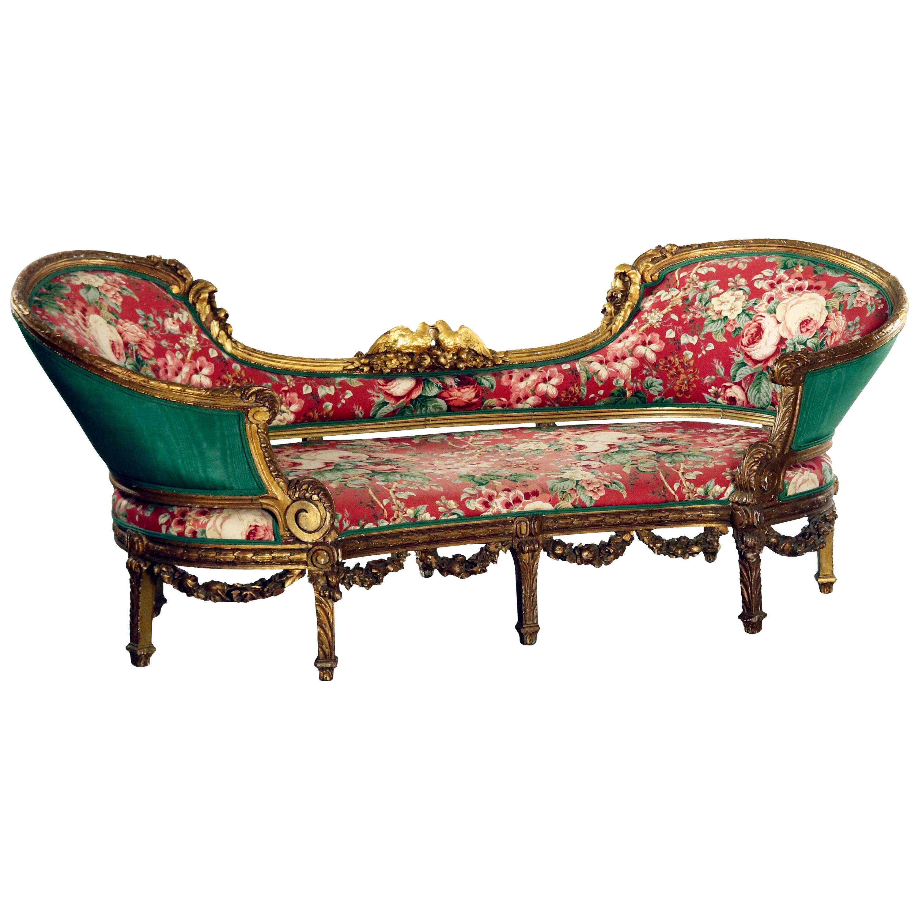 18th Century French Louis XV Carved Giltwood Upholstered Recamier Settee