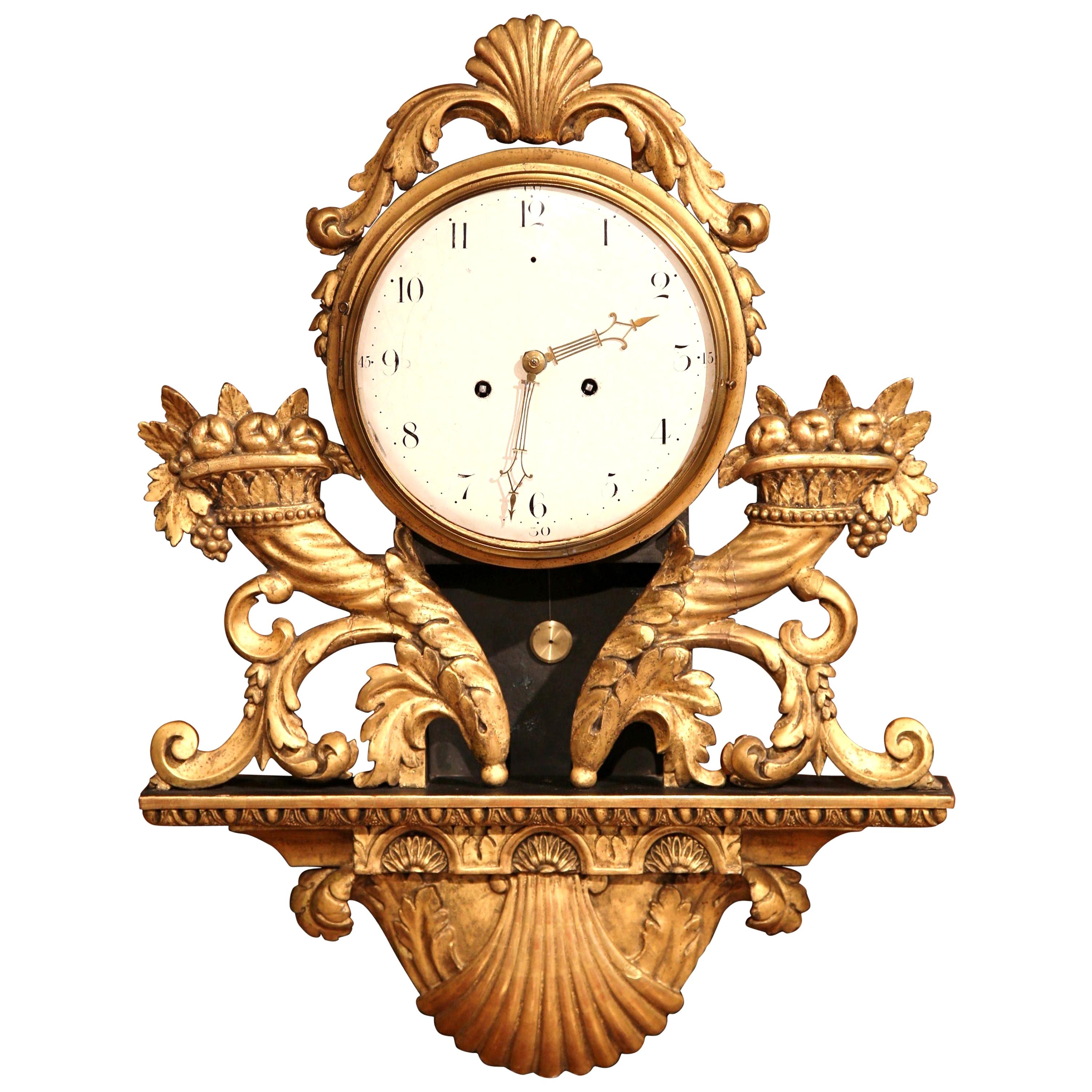 18th Century French Louis XV Carved Giltwood Wall Clock