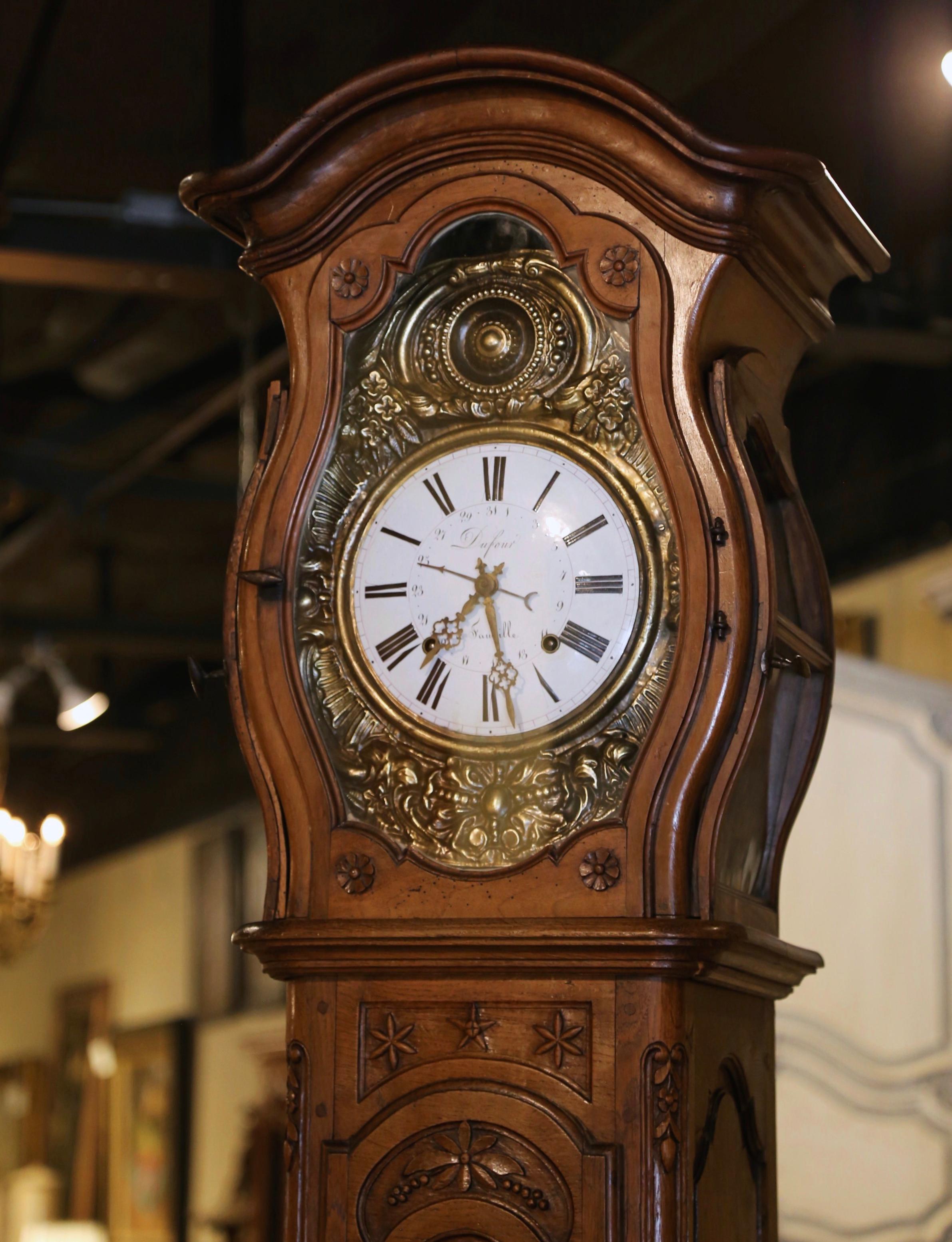 Hand-Carved 18th Century French Louis XV Carved Oak and Walnut Tall Case Clock from Lyon