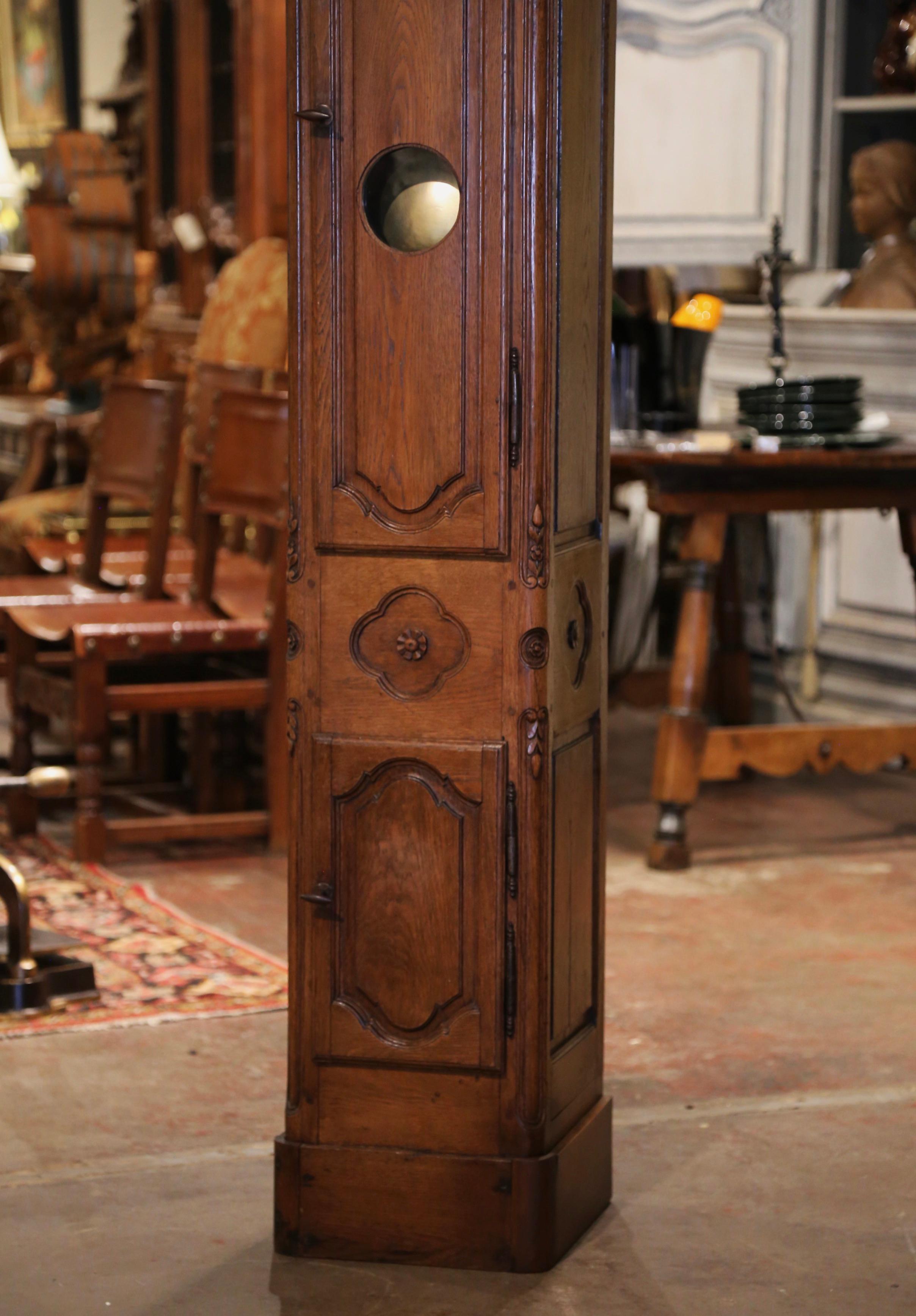 18th Century French Louis XV Carved Oak and Walnut Tall Case Clock from Lyon In Excellent Condition In Dallas, TX