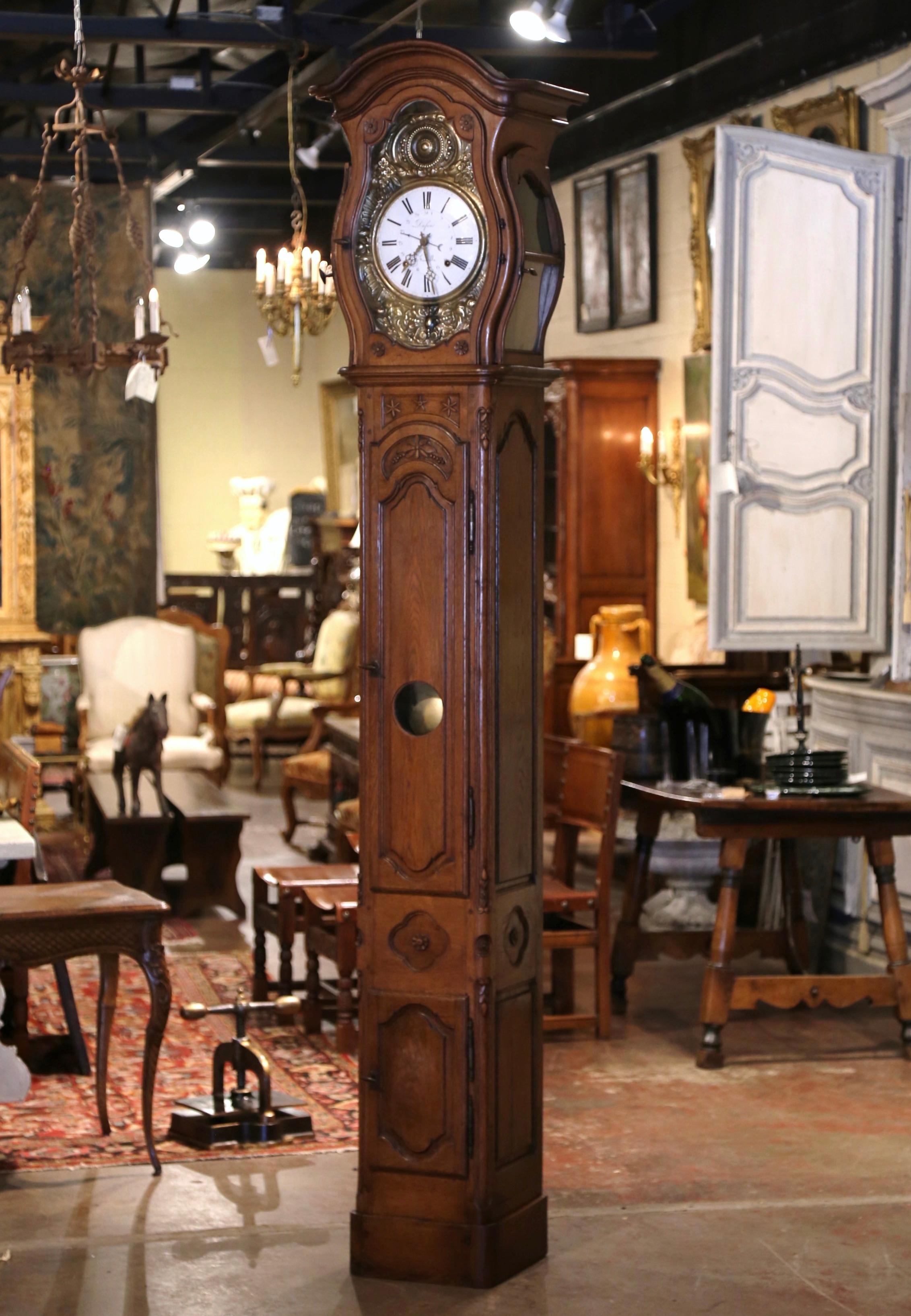 18th Century French Louis XV Carved Oak and Walnut Tall Case Clock from Lyon 1
