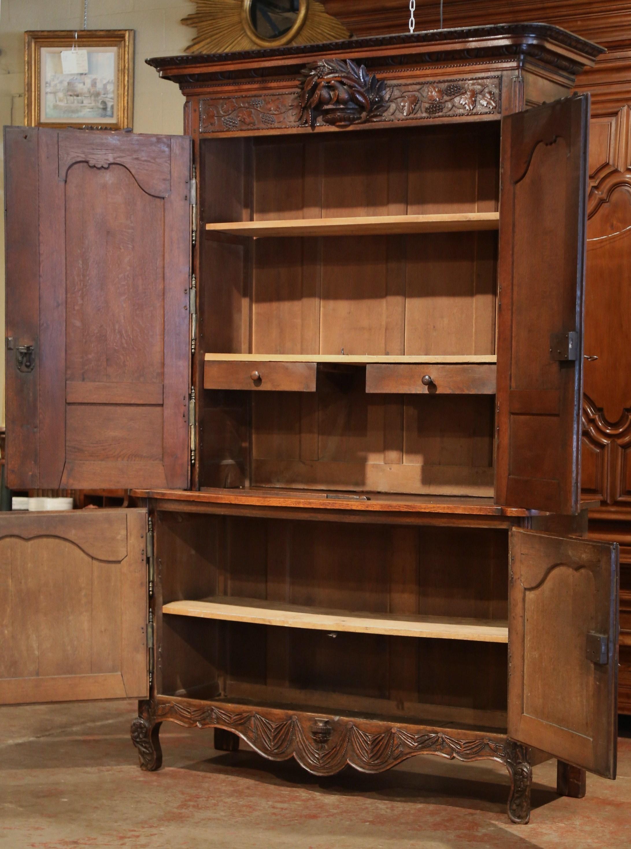 Patinated 18th Century French Louis XV Carved Oak Buffet Deux Corps from Normandy