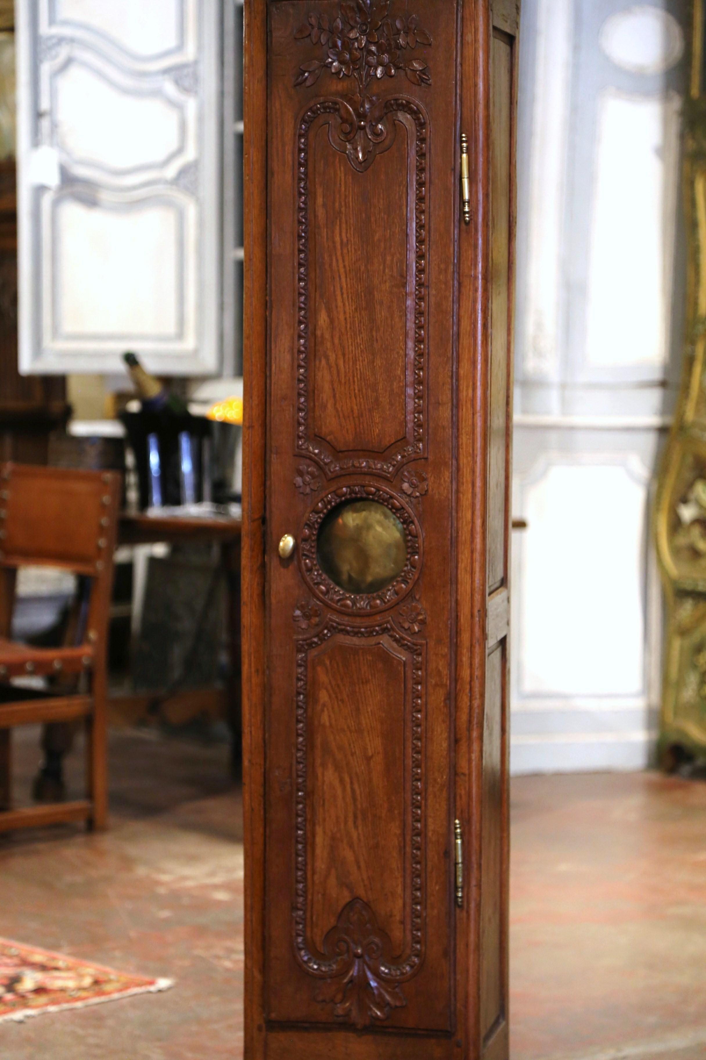 Patinated 18th Century French Louis XV Carved Oak Tall Case Clock from Normandy For Sale