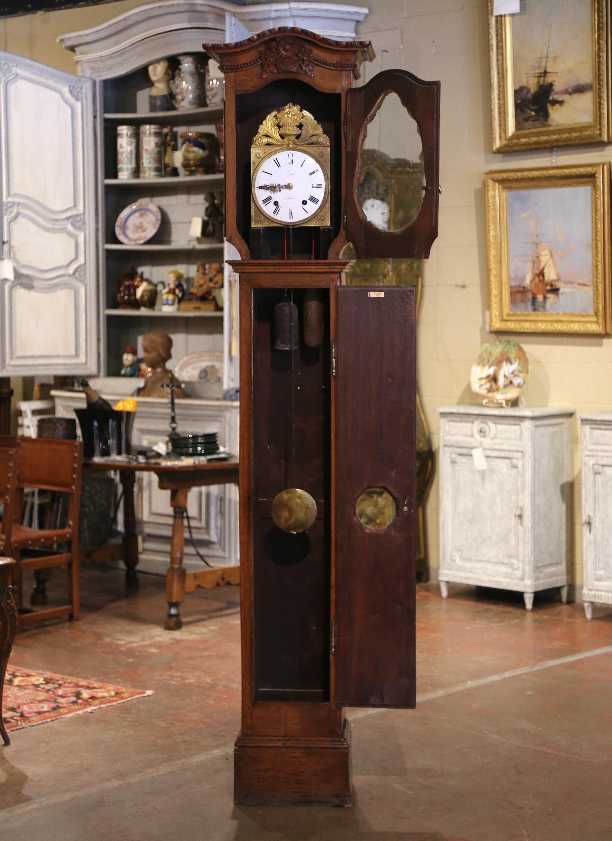 18th Century French Louis XV Carved Oak Tall Case Clock from Normandy In Excellent Condition For Sale In Dallas, TX