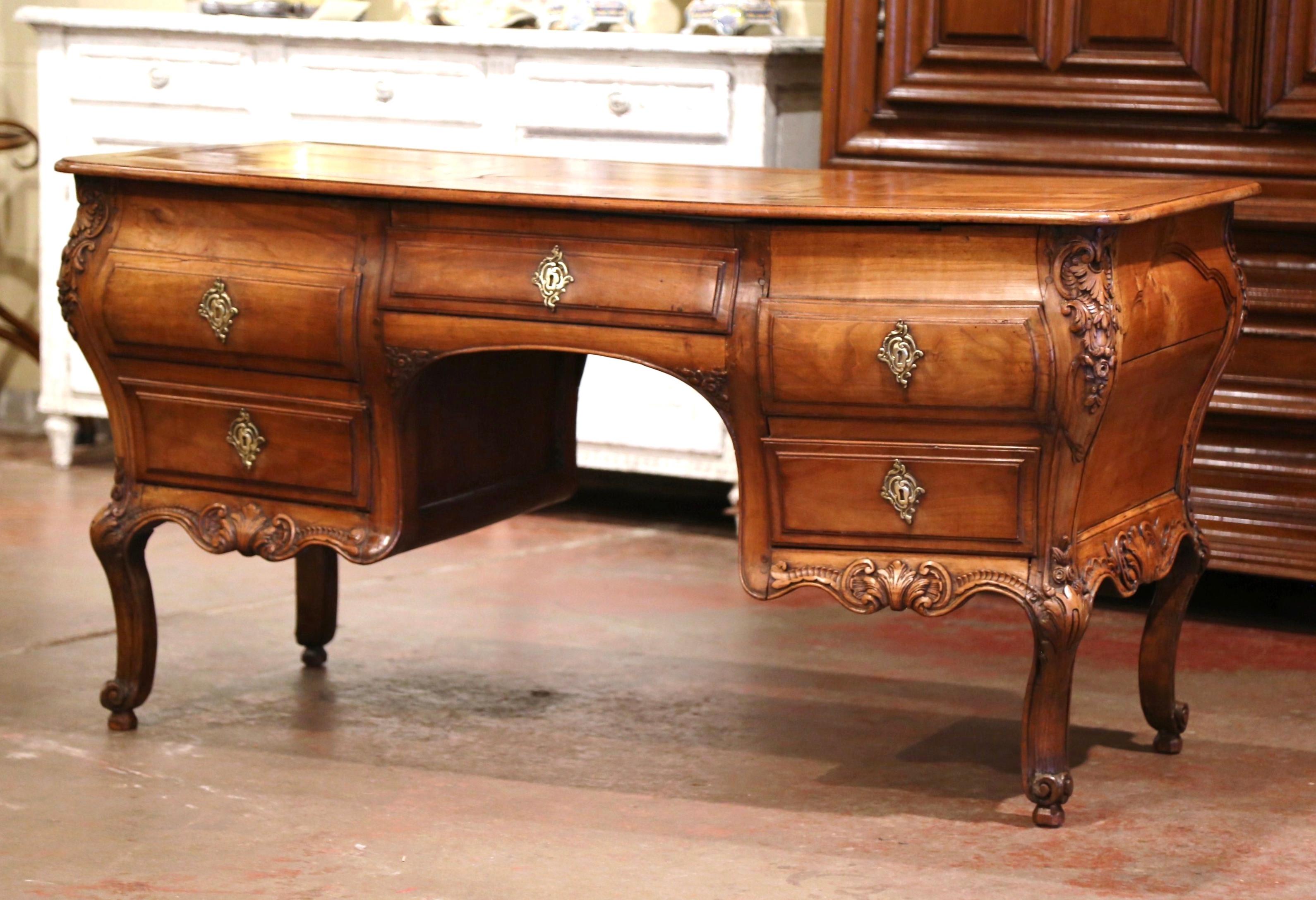 18th Century French Louis XV Carved Serpentine Cherry Desk with Parquetry Top For Sale 6