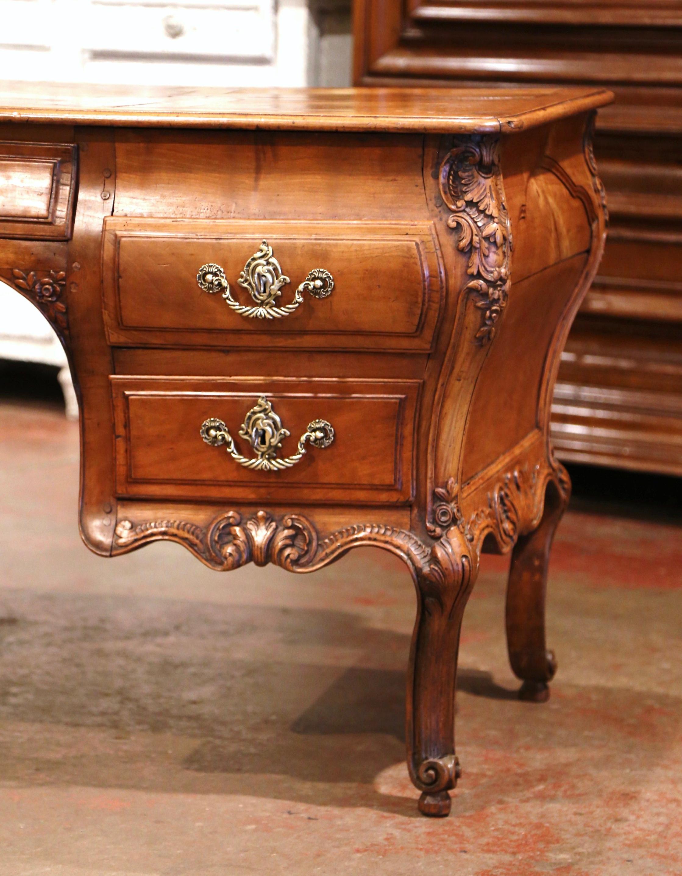 Hand-Carved 18th Century French Louis XV Carved Serpentine Cherry Desk with Parquetry Top For Sale