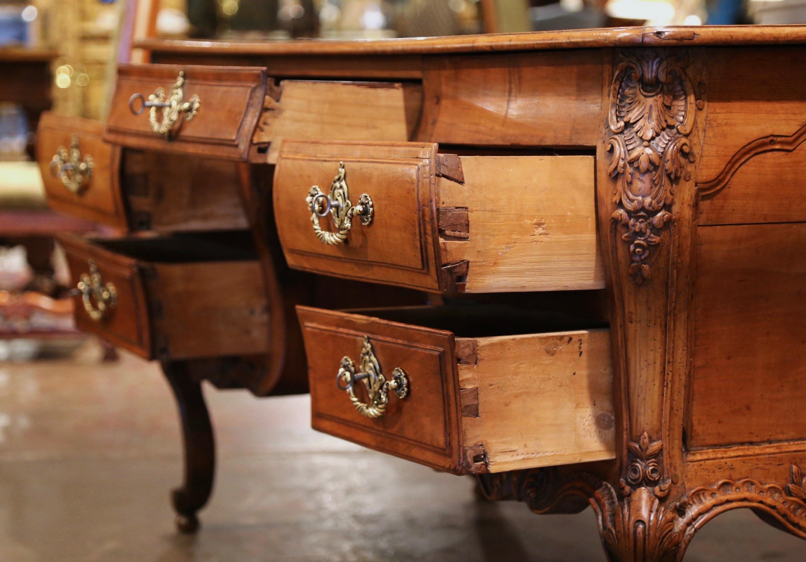 Bronze 18th Century French Louis XV Carved Serpentine Cherry Desk with Parquetry Top For Sale