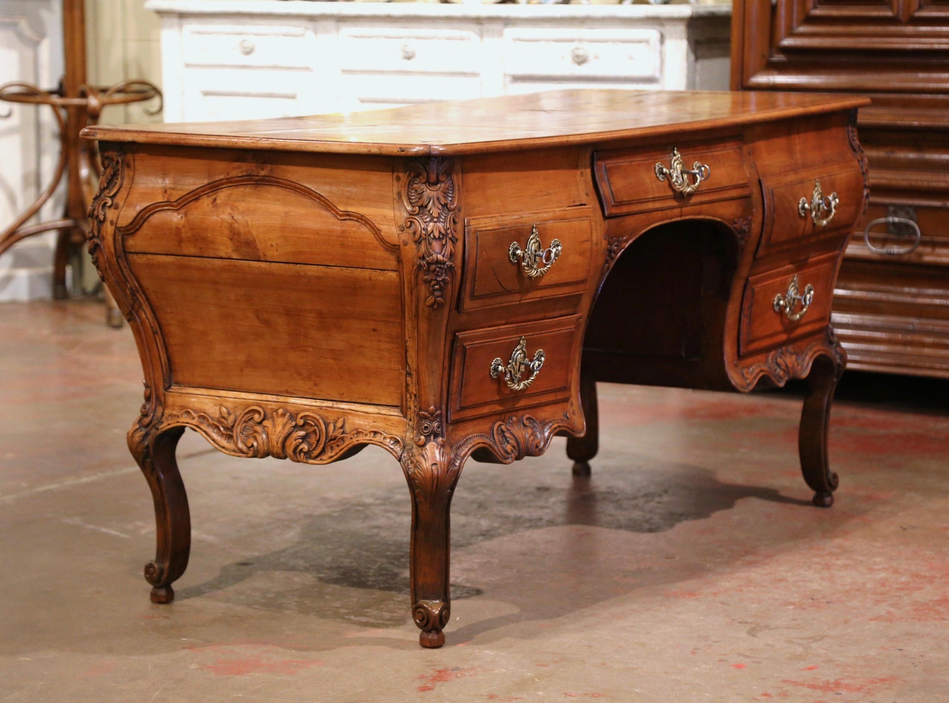 18th Century French Louis XV Carved Serpentine Cherry Desk with Parquetry Top For Sale 2
