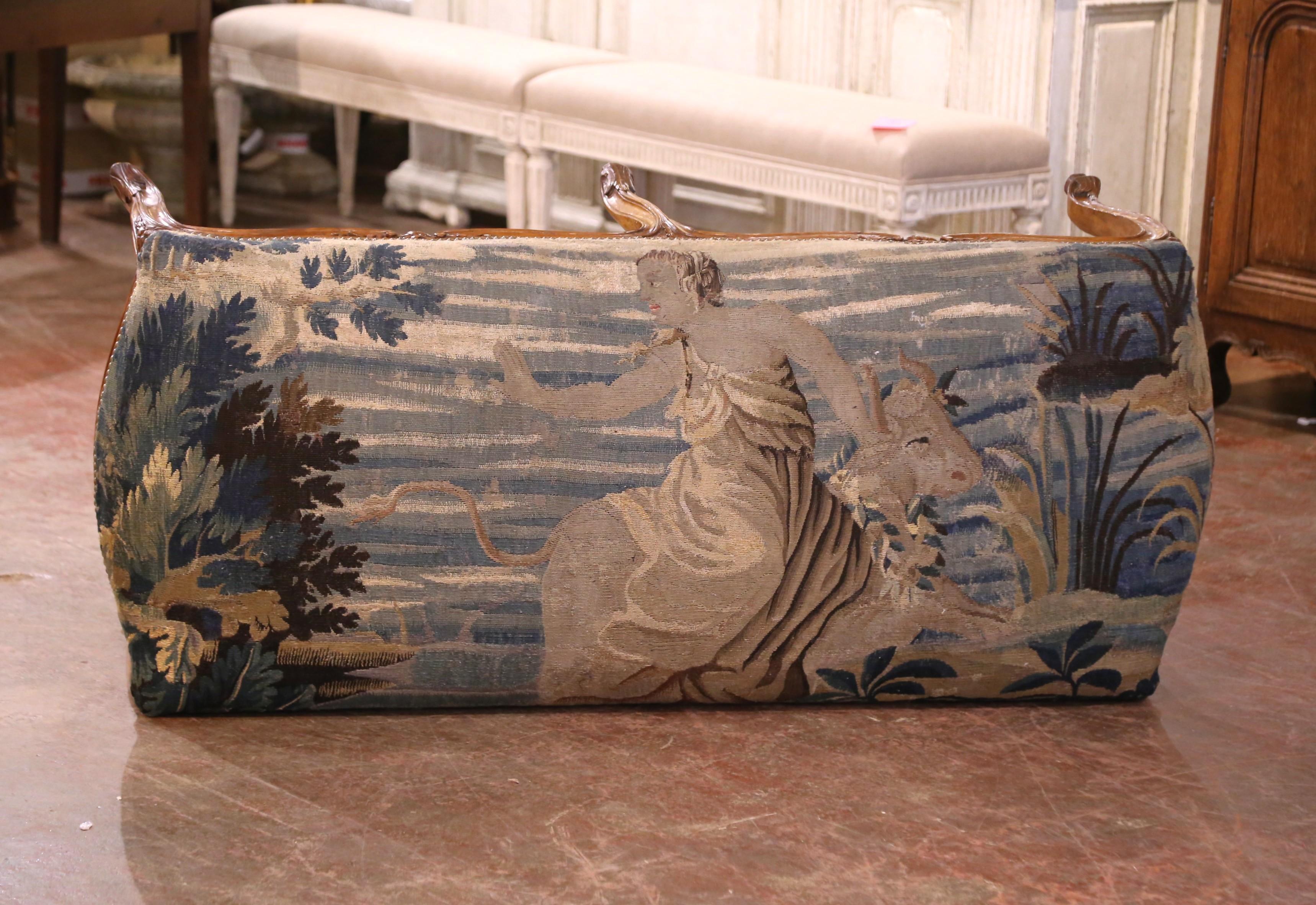 Hand-Carved 18th Century French Louis XV Carved Walnut Banquette with Aubusson Tapestry