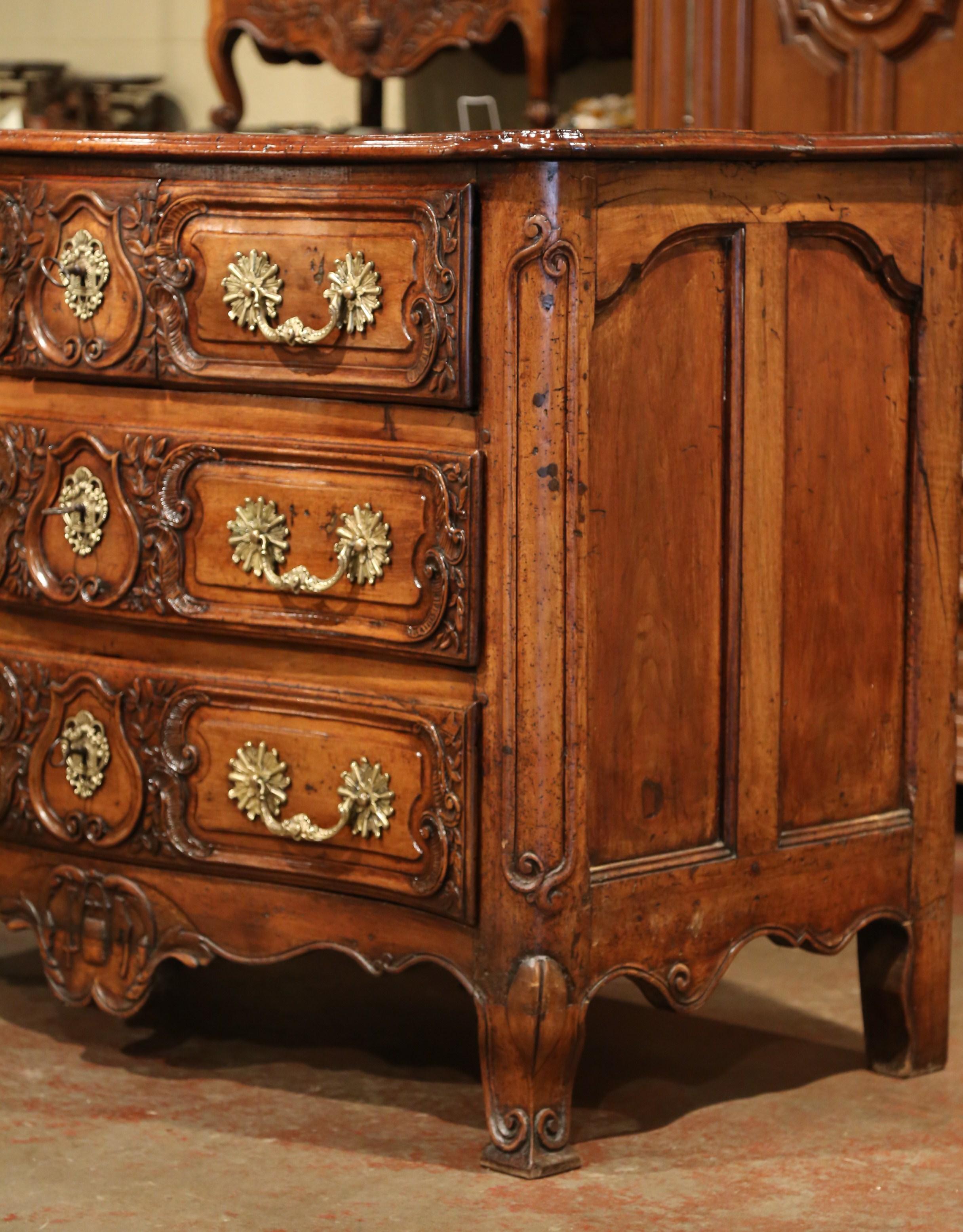 Bronze 18th Century French Louis XV Carved Walnut Bombe Chest of Drawers from Lyon