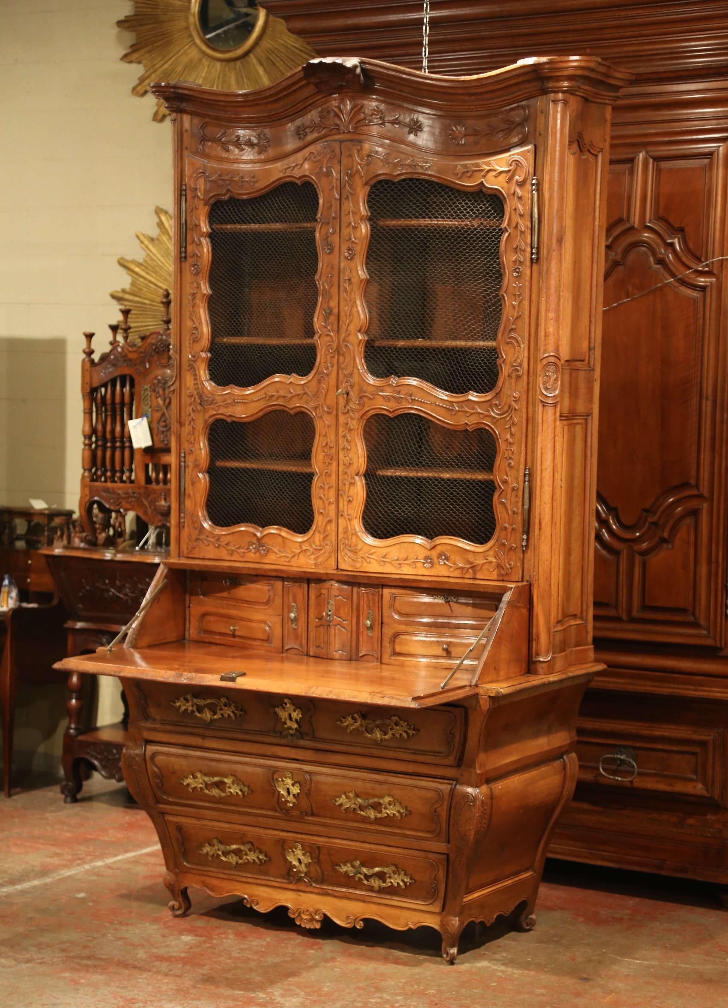 Marquetry 18th Century French Louis XV Carved Walnut Bombe Secretary Bookcase For Sale
