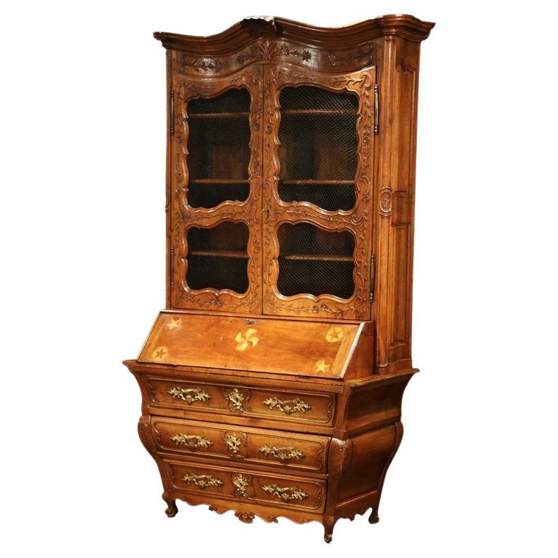 18th Century French Louis XV Carved Walnut Bombe Secretary Bookcase For Sale