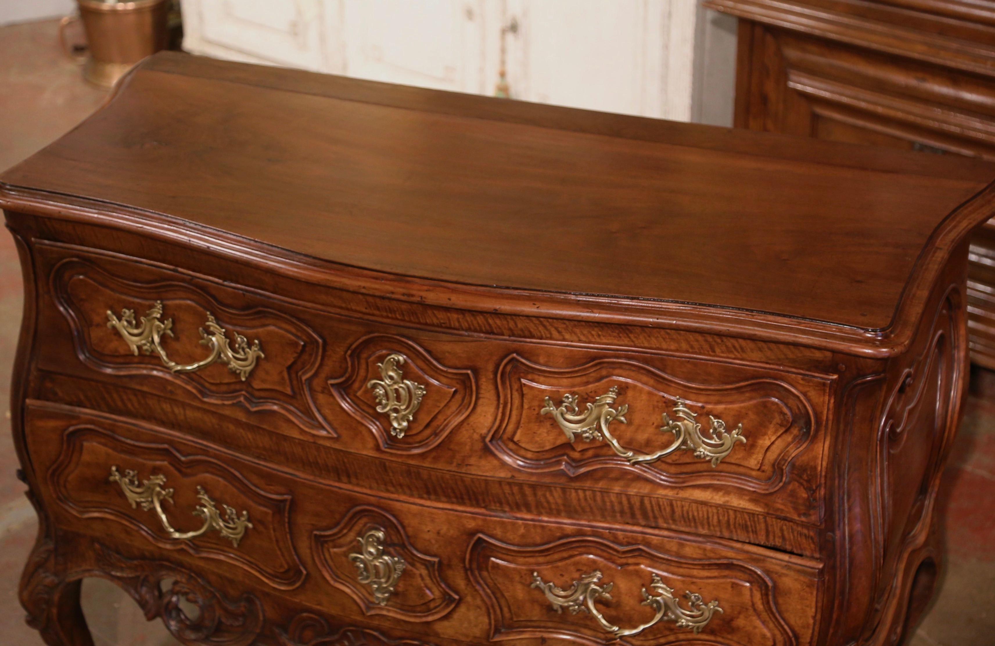 Hand-Carved 18th Century French Louis XV Carved Walnut Bombe Two-Drawer Commode from Nimes  For Sale