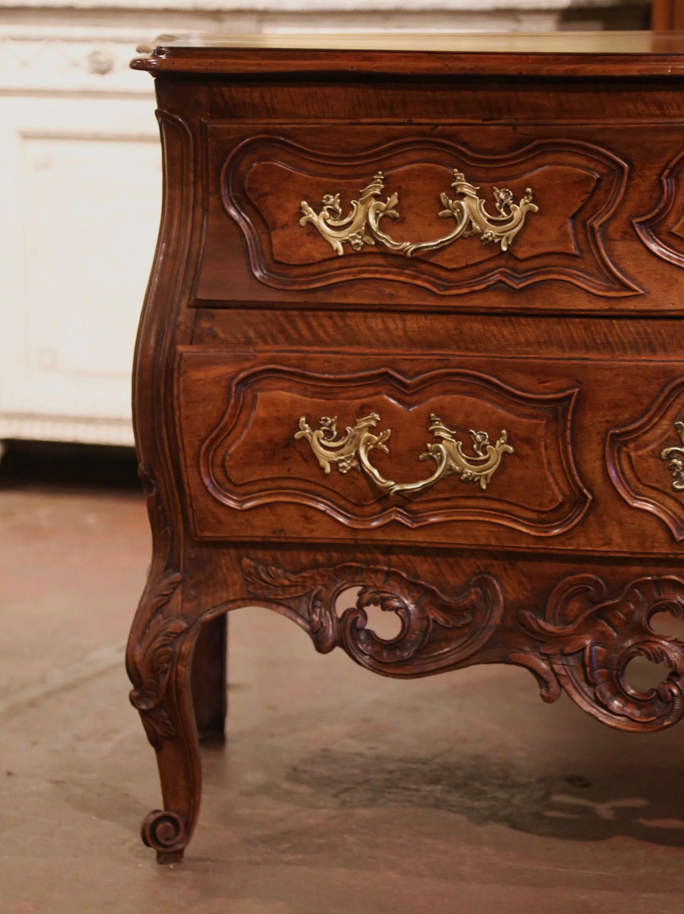 Bronze 18th Century French Louis XV Carved Walnut Bombe Two-Drawer Commode from Nimes  For Sale