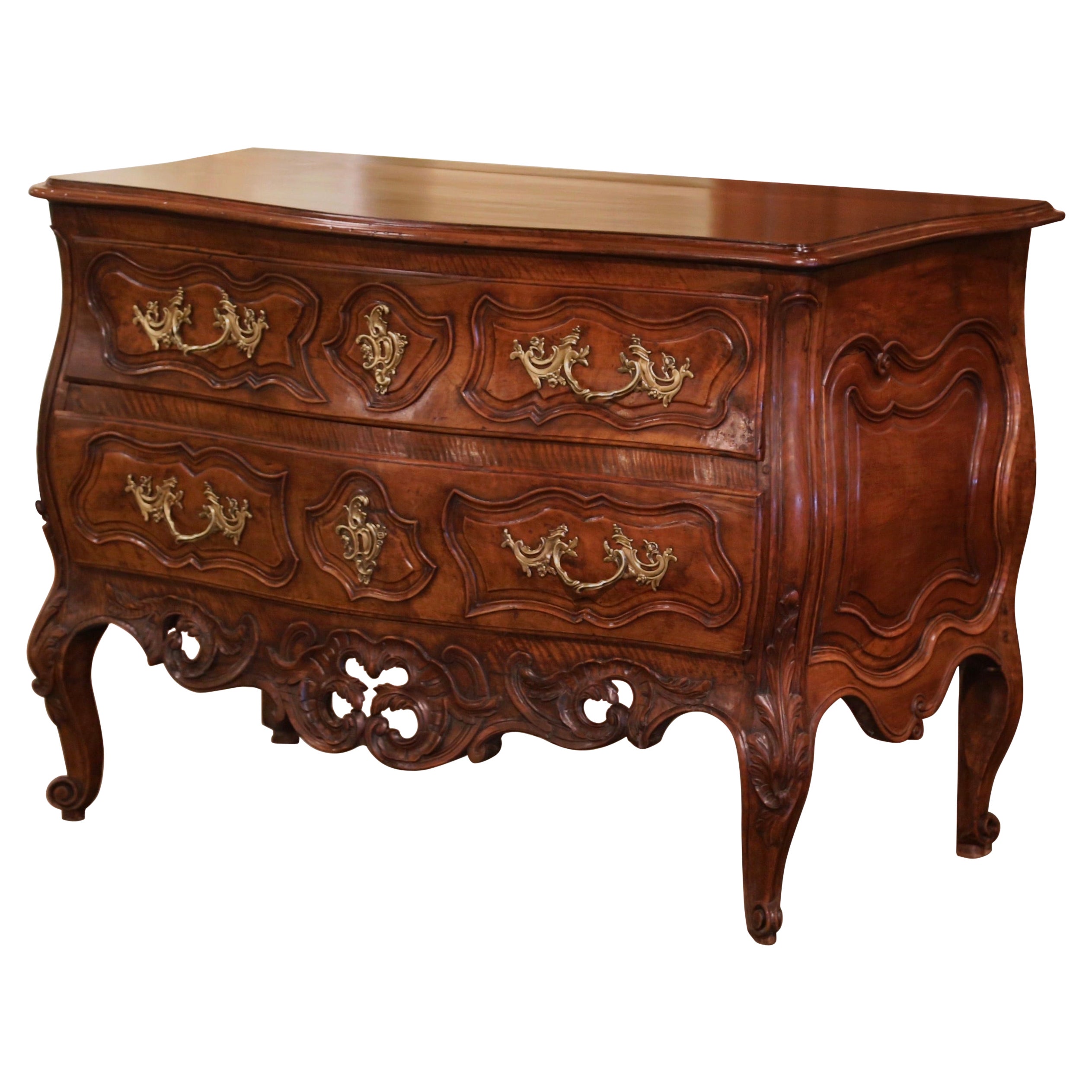 18th Century French Louis XV Carved Walnut Bombe Two-Drawer Commode from Nimes