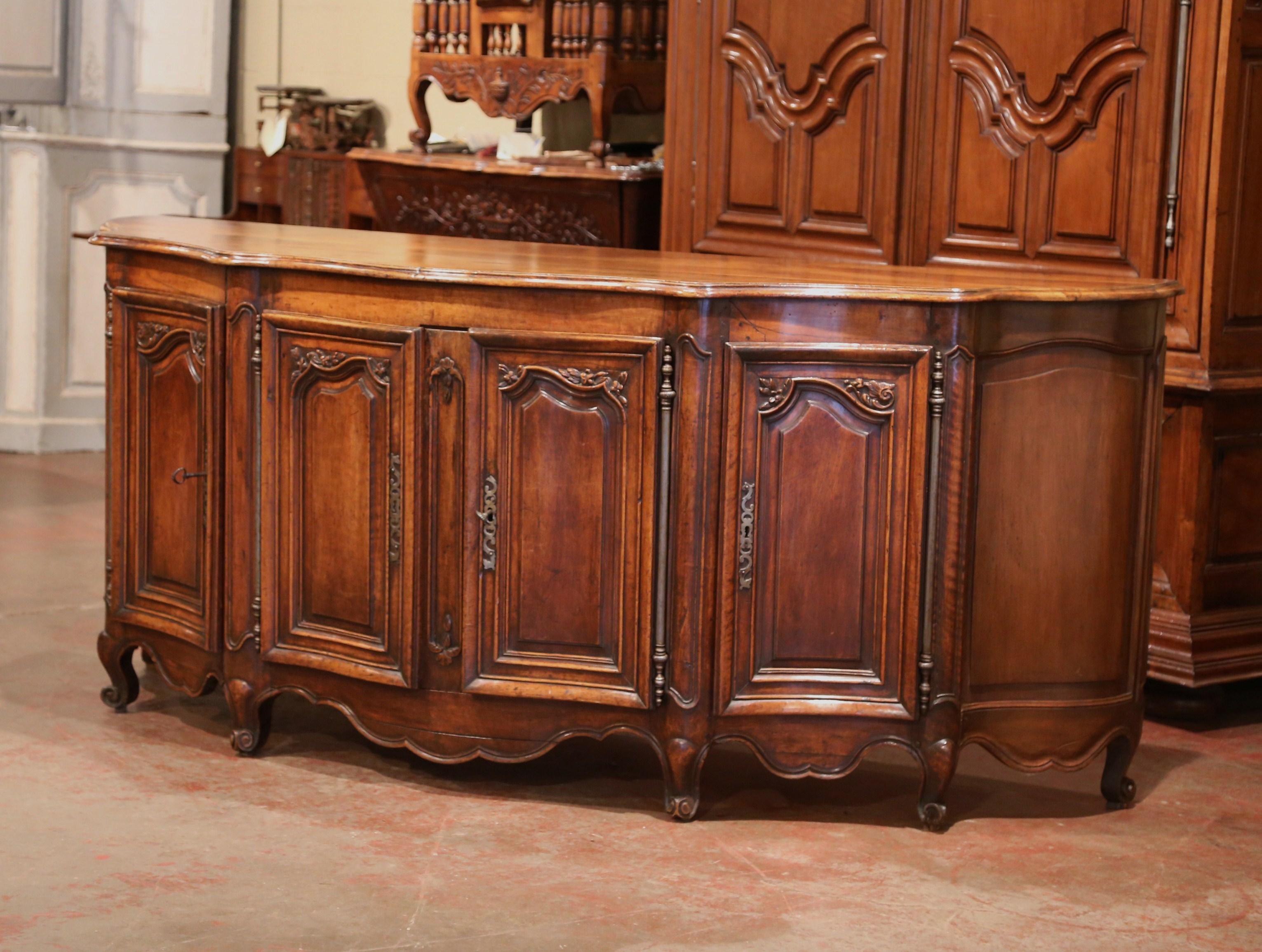 Patinated 18th Century French Louis XV Carved Walnut Four-Door Serpentine Buffet Enfilade