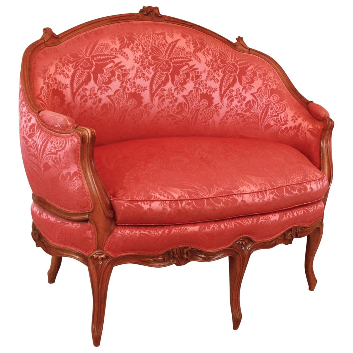 18th Century French Louis XV Carved Walnut Red Silk Settee 'Canape en Corbeille'