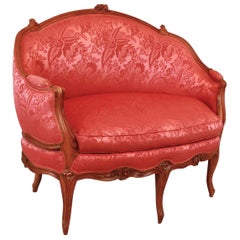 18th Century French Louis XV Carved Walnut Red Silk Settee 'Canape en Corbeille'
