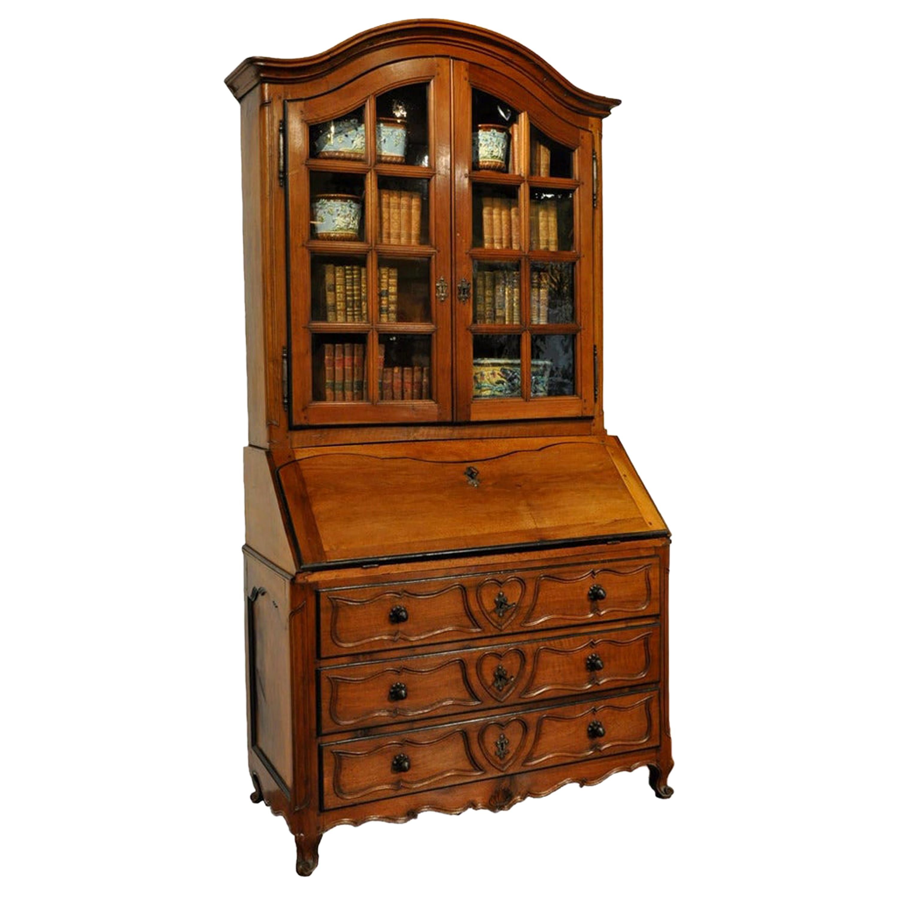 18th Century French Louis XV Carved Walnut Secretary Desk Display Bookcase