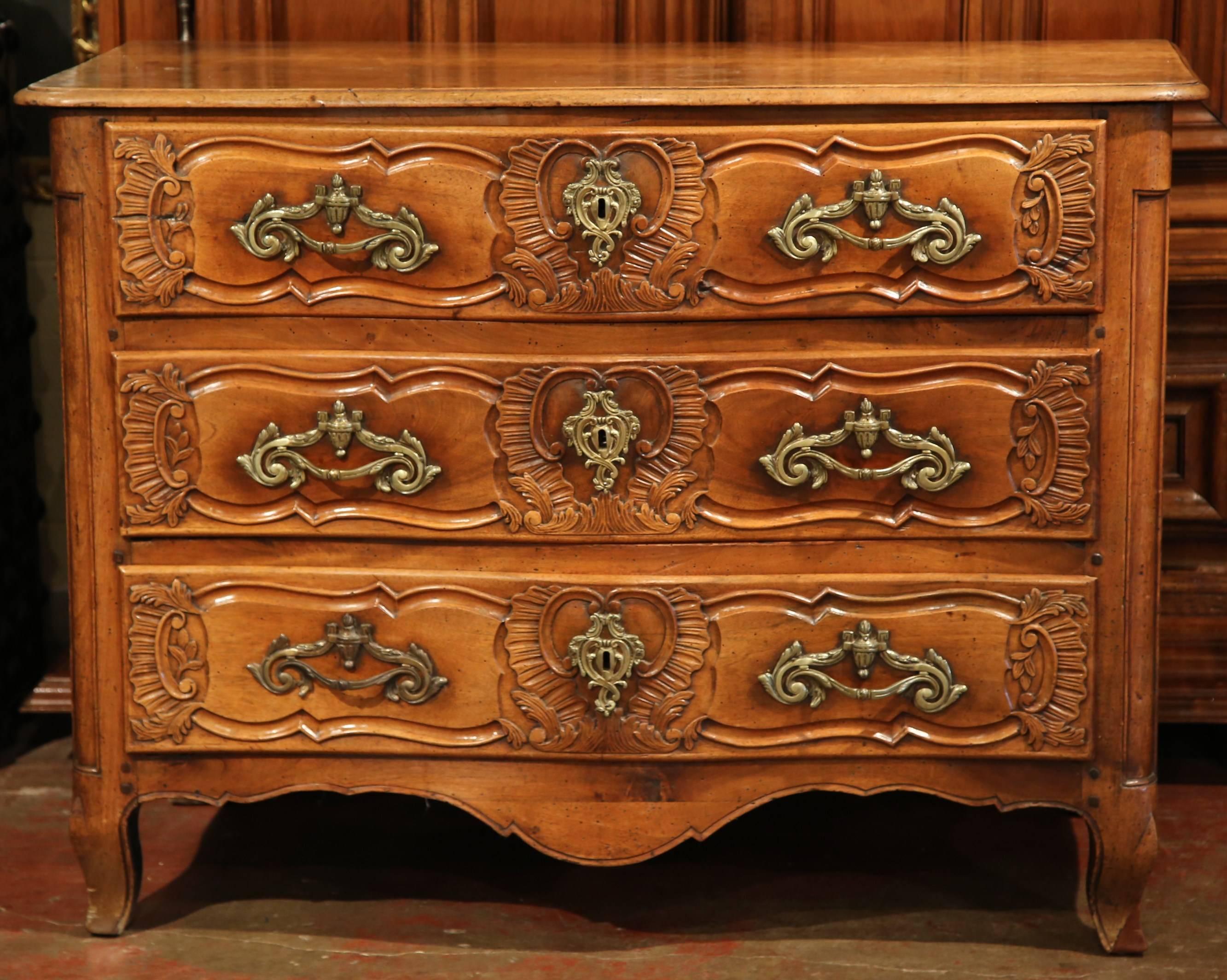 Hand-Carved 18th Century French Louis XV Carved Walnut Serpentine Chest of Drawers from Lyon